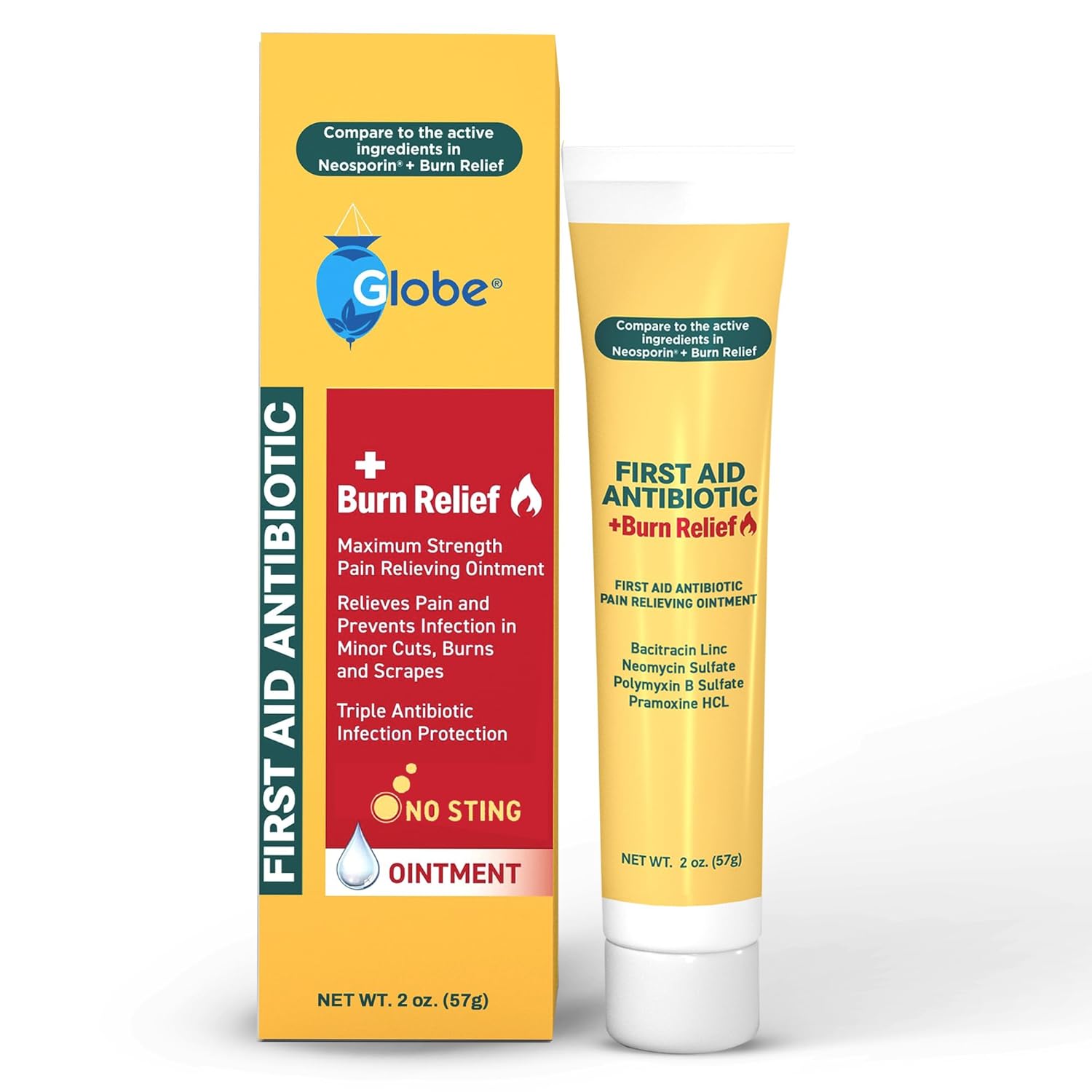 Globe First Aid Antibiotic Burn Relief Maximum Strength Triple Antibiotic Ointment for 24-Hour Infection Protection 2 Ounce