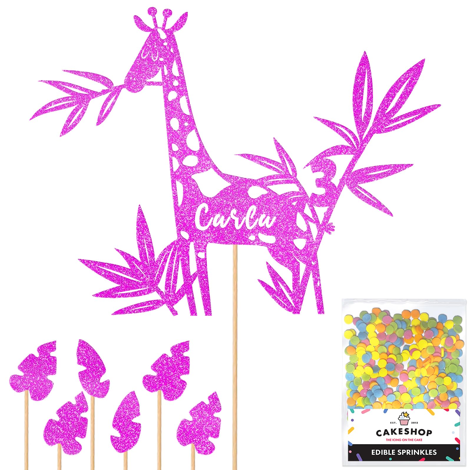 Personalised Birthday Jungle Giraffe Glitter Cake Topper- Pink Any Custom Age & Name Glitter Cake Decoration and Sprinkles - Happy Birthday Decorations - Personalised Toppers for Cakes by Cakeshop