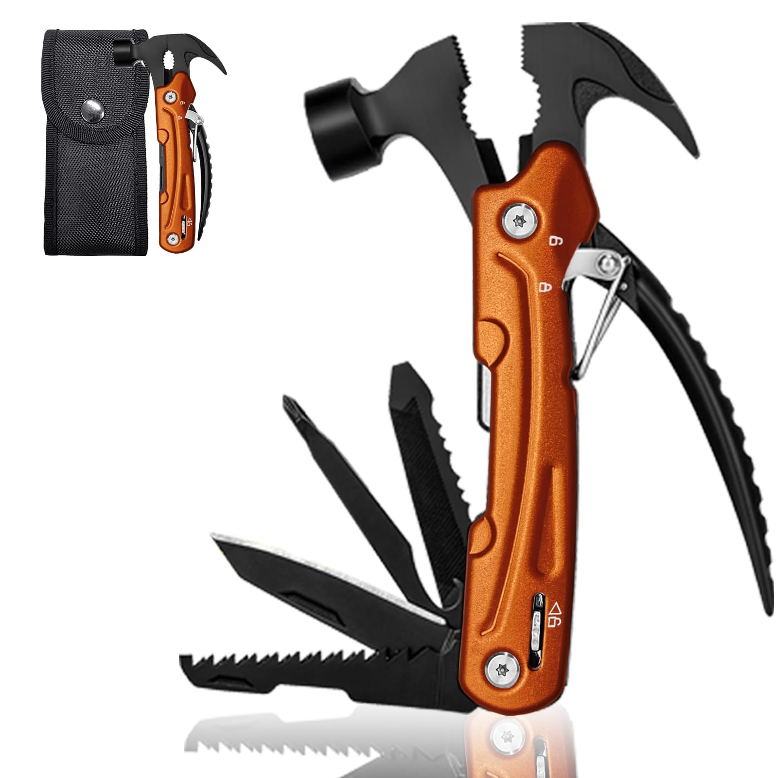 Hammer Multitool, Cool Gadgets Multi Tool with Gift Box Carrying Case Birthday Stocking Stuffers Father's Day Valentines Day Gifts for Men Husband Him Camping Accessories(Orange)