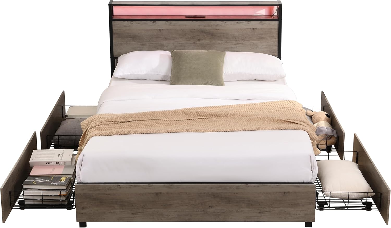 Full Bed Frame, Storage Headboard with Charging Station, Solid and Stable, Noise Free, No Box Spring Needed, Easy Assembly