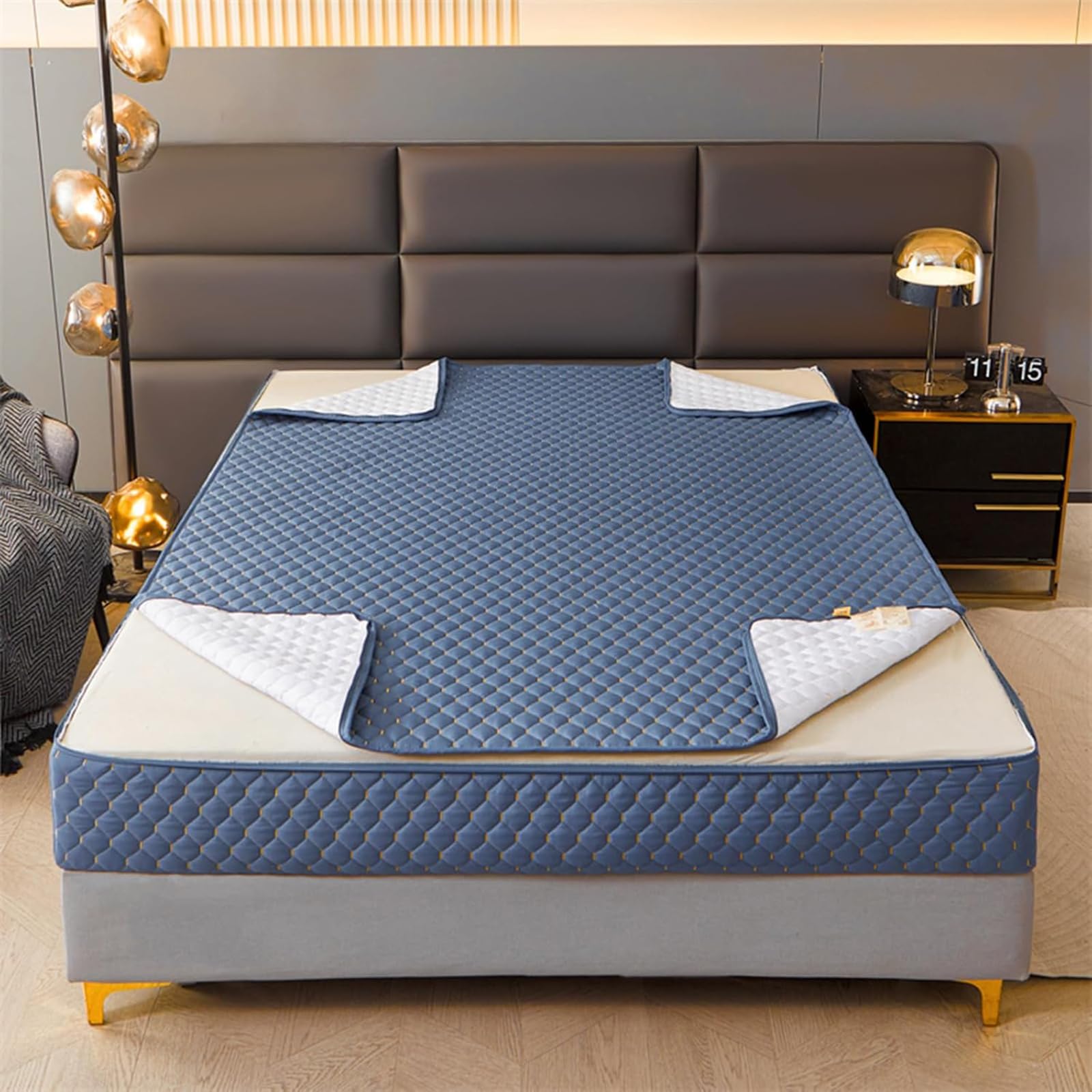 Gesteppter, waschbarer Matratzenbezug mit Reißverschluss, anpassbare Größe, feuchtigkeitsbeständig und waschbar, atmungsaktiver und weicher Matratzenschoner-Blue- 160x190+22cm