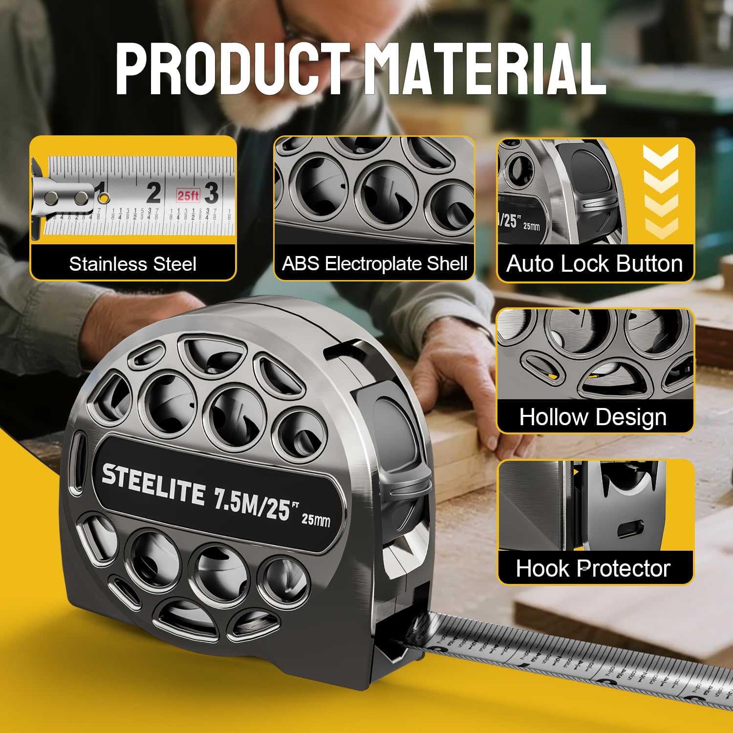 STEELITE Metro a nastro da 6,5 m, in acciaio inox, retrattile, grigio freddo