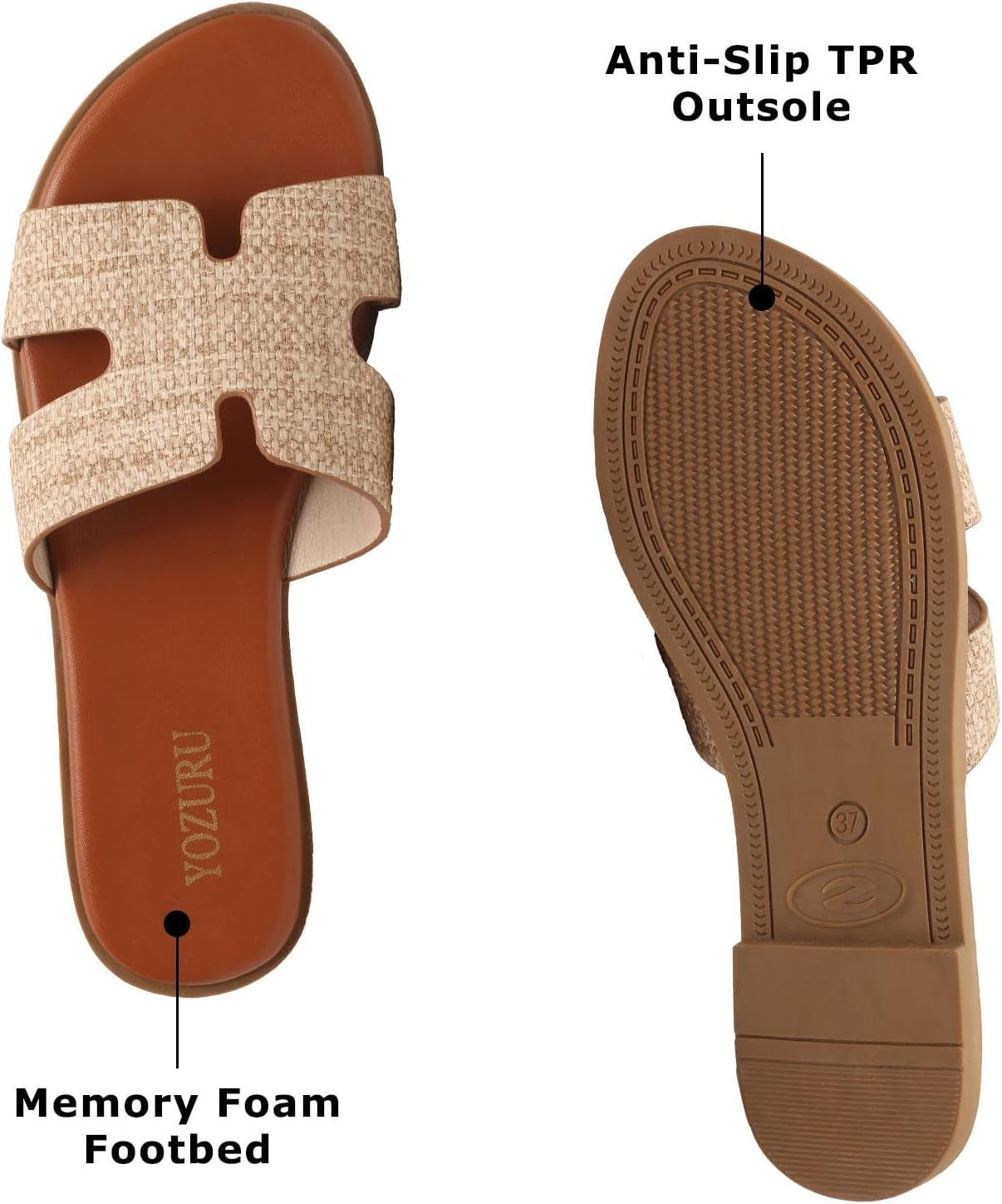 Yozuru Womens Flat Sandals Open Toe Dressy Summer Sandals Comfortable Casual Slip on Leather Slides Sandals for women