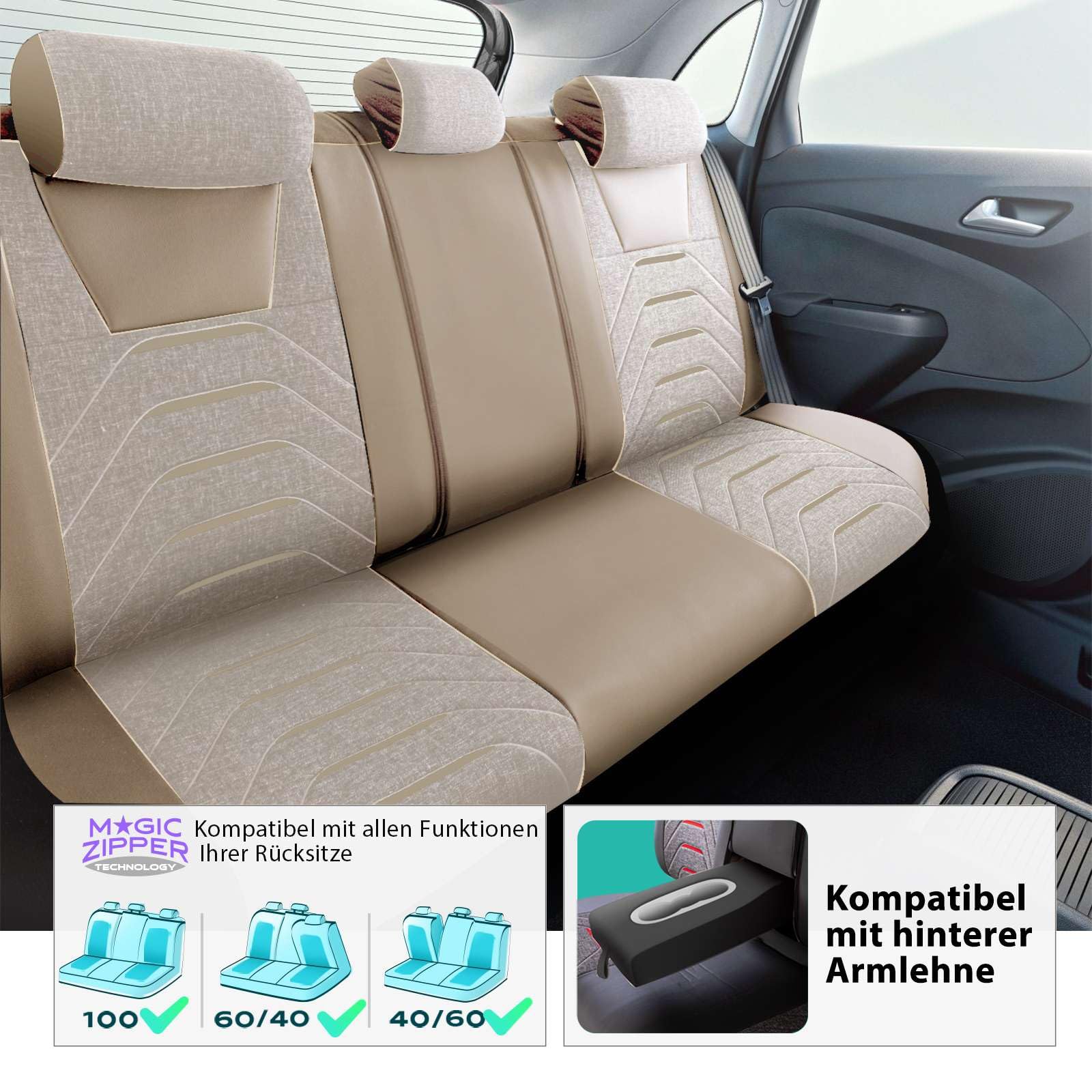 Fundas de asiento universales para coche y SUV - Fundas de asiento premium delanteras de lino, beige, compatibles con airbag, funda de asiento para coche, juego completo incl. kit de