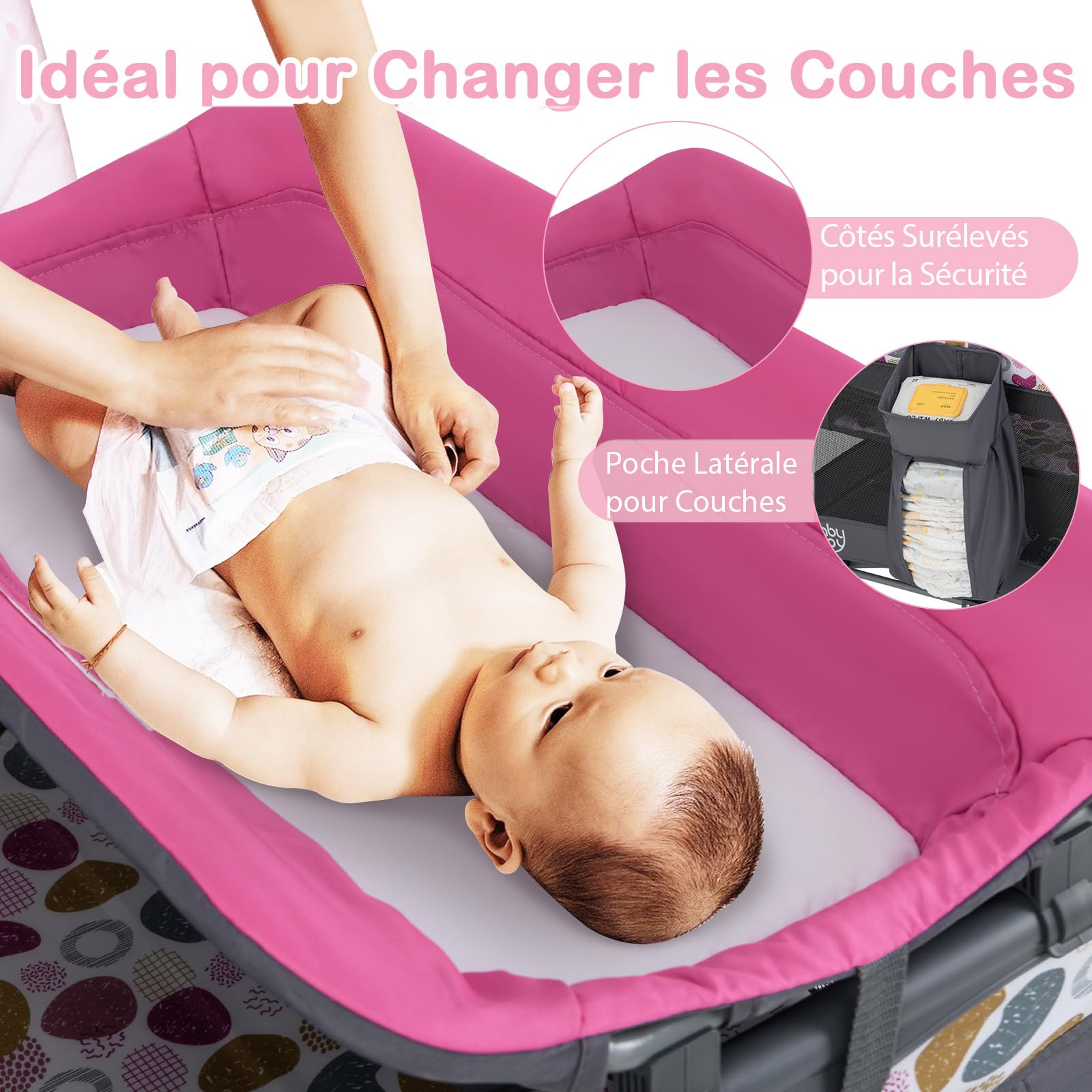 GOPLUS Lit Parapluie Bebe 5 en 1, Lit Bebe Evolutif de Voyage avec Parc, Table à Langer, roulettes Verrouillables et Sac de Transport, Boîte à Musique, 2 Jouets Mobiles, Charge 15KG (Fuchsia)