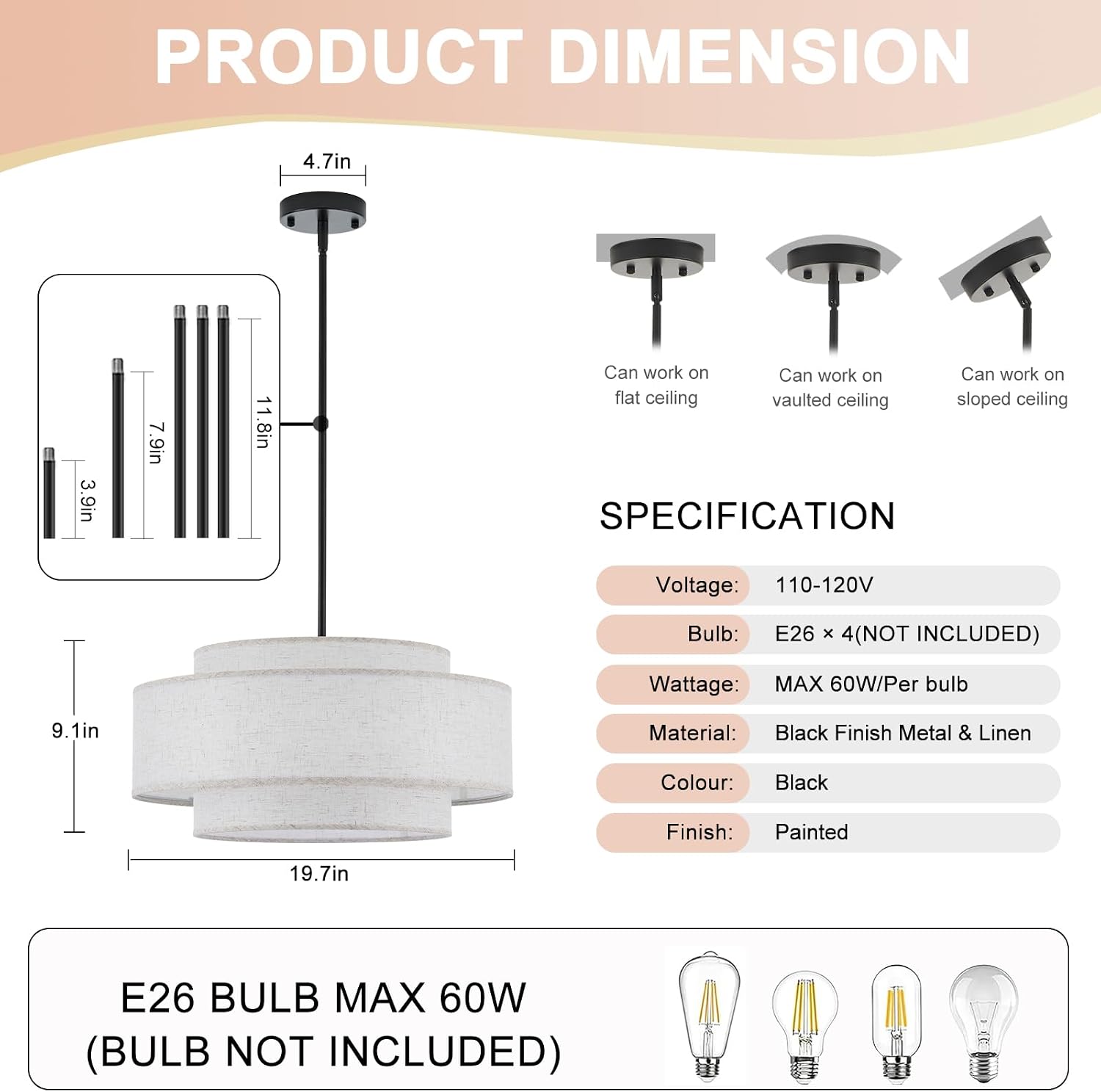 Modern Drum Chandelier Vintage Modern Chandelier Light Fixture with Linen Shade Farmhouse Black Drum Chandeliers for Dining Room, Kitchen Island, Living Room, Bedroom