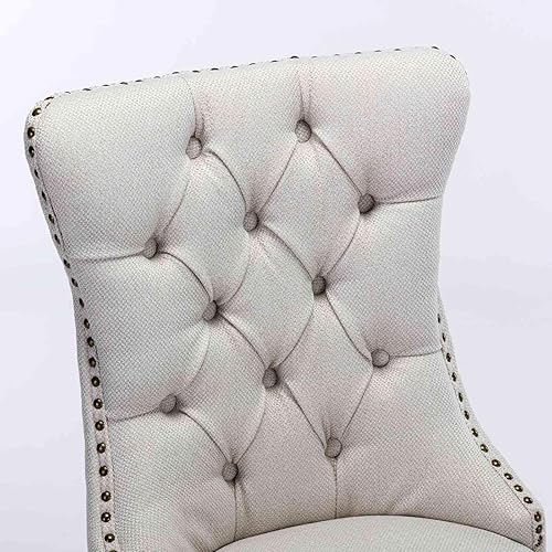Miniatura 8 de Silla de comedor tapizada contemporánea sin brazos con patas de madera con diseño de cabeza de clavo, juego de 2, beige
