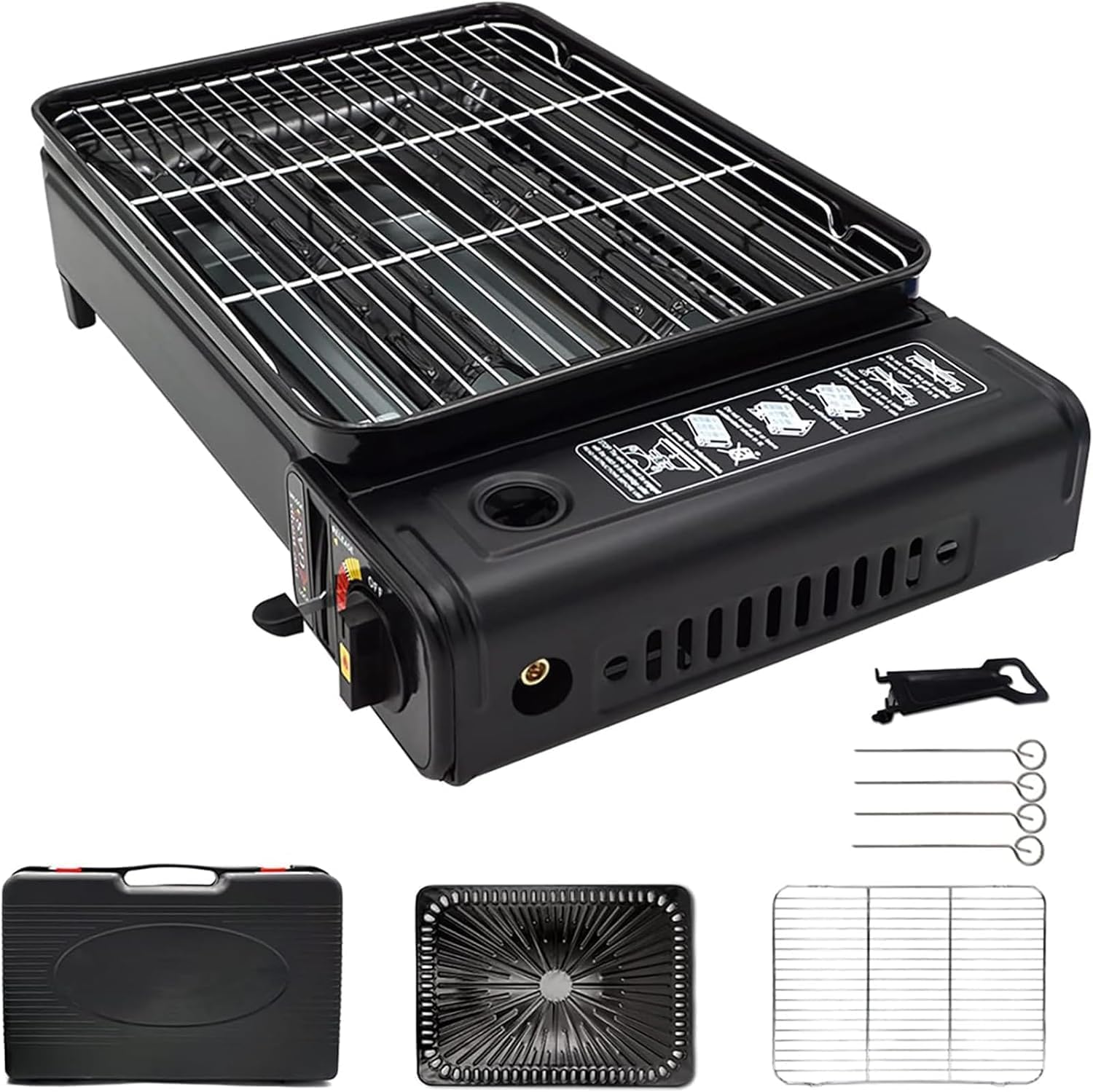 SMH LINE Juego de barbacoa de gas 2 en 1 para camping, incluye 16 cartuchos de gas de 227 g, barbacoa para balcón, barbacoa de mesa, hornillo de camping, maletín portátil, incluye accesorios, parrilla