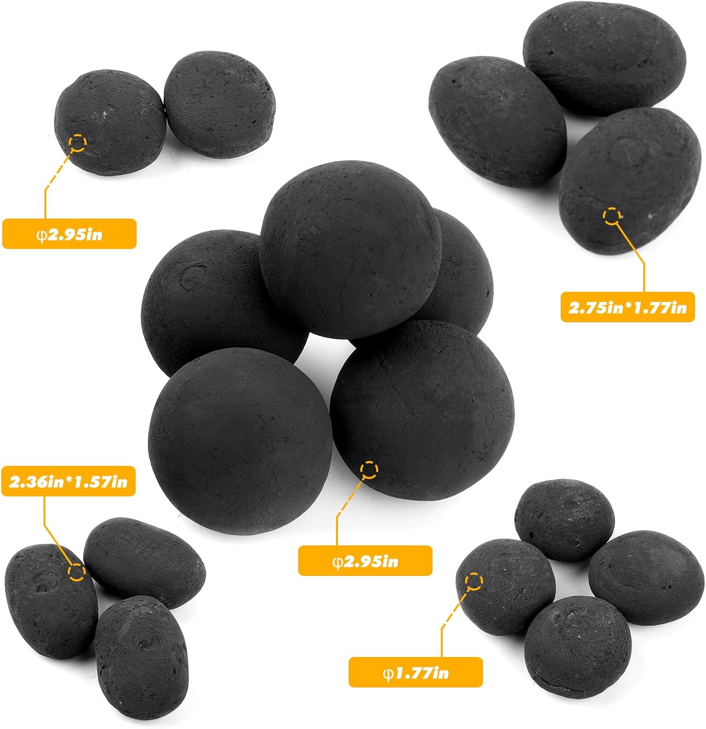Ceramic Fire Pit Stones Set - Includes 12 Black Pebble Stones and 5 Round 3-Inch Balls for Indoor & Outdoor Fireplaces and Fire Pits - Safe and Reusable