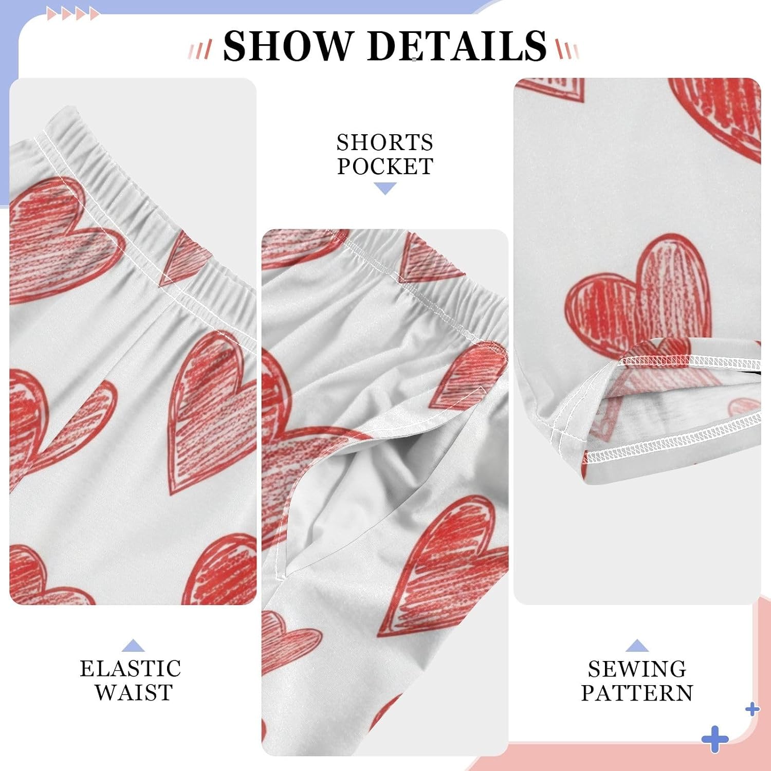 Red Hearts White Pajama Pants Soft Lounge Sleepwear Elastic Waist Pockets Cozy Fit