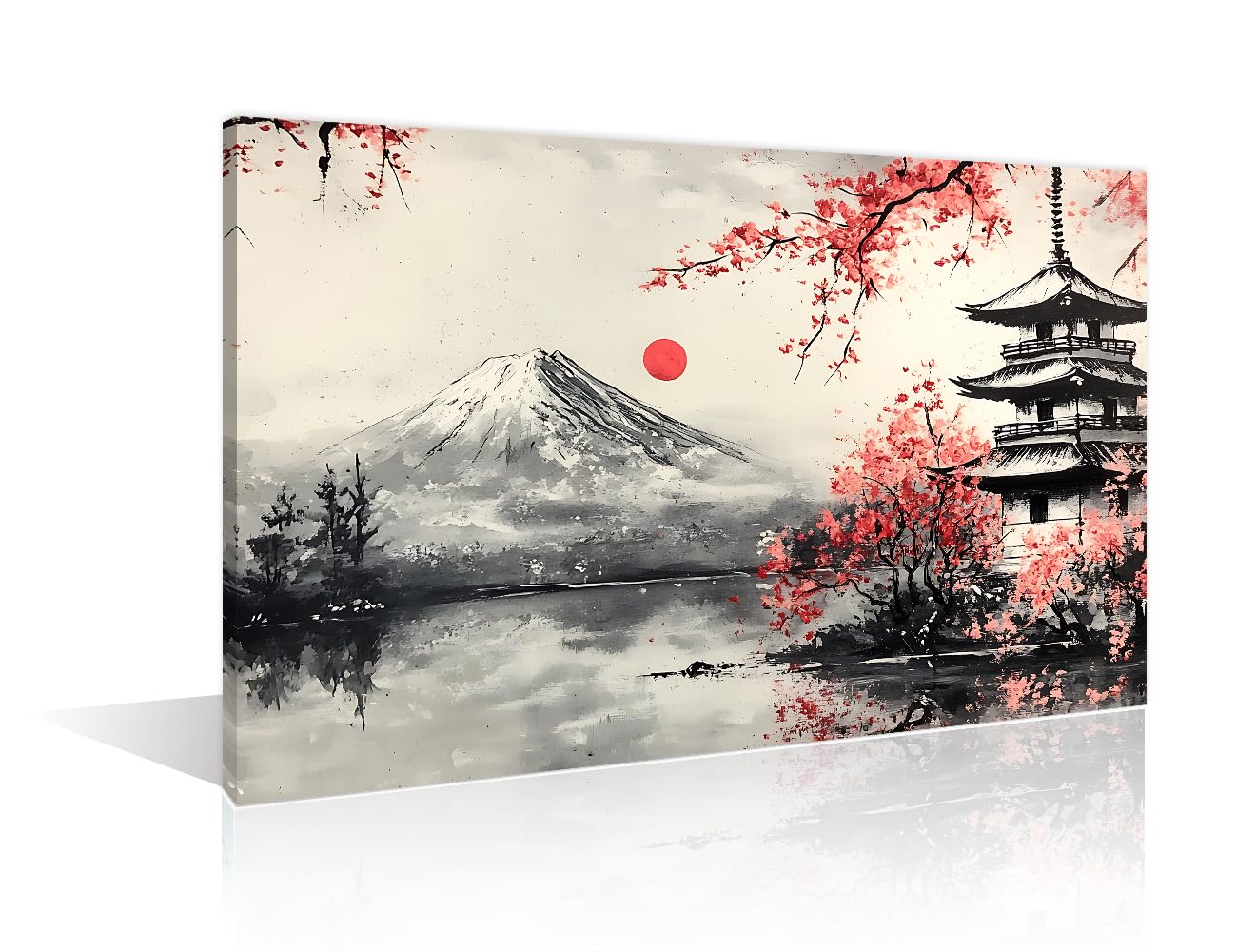 TISHIRON 1 Pieces Wall Art Mount Fuji Canvas Paintings Home Decor Temples in Japan Wall Art for Living Room Japanese Landscape Modern Home Decor Framed Ready to Hang 24" Wx36 H
