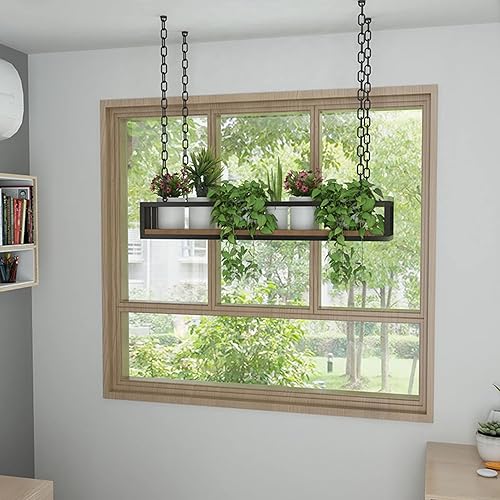 Miniatura 6 de Percha de hierro negro de estilo industrial, estante de madera, soporte de flores, estantes para colgar en la pared, marco rectangular decorativo,