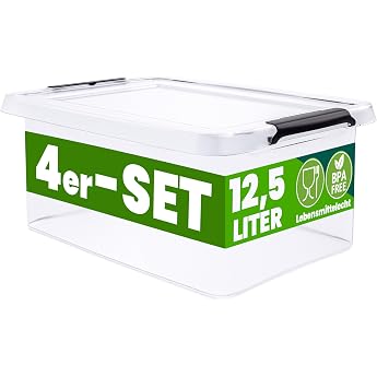 Deuba 4 x Storage Box with Lid 12.5 L Plastic Boxes Food Safe BPA-Free Click Closure Transparent Stackable Kitchen Bedroom