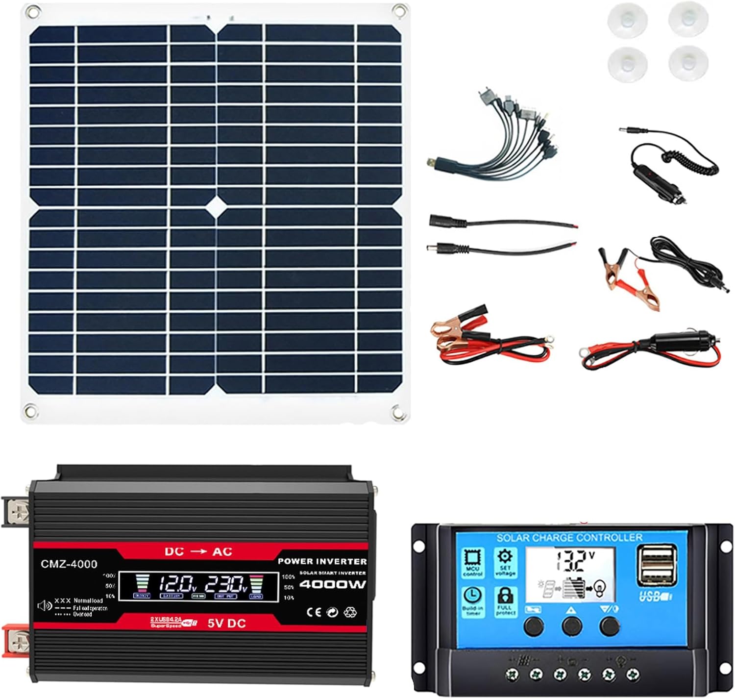 4000W Portable Solar Inverter Combo Set, 50A Solar Controller & 12V-AC 110V/220V Car Power Inverter for Camping, Travel, Picnics - Black Solar Panel Kit