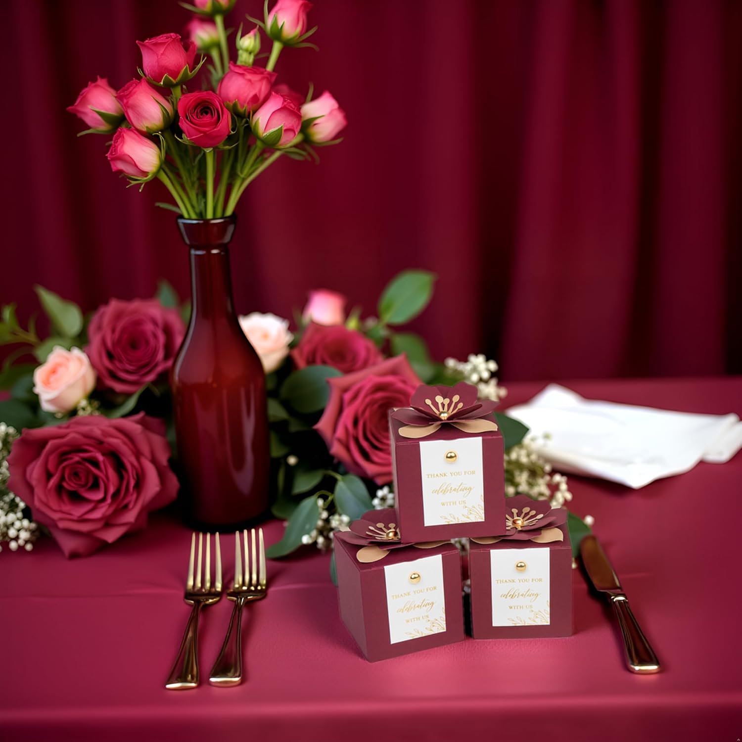 FEIYI 20 PCS Favor Boxes, 3 In 1Burgundy Candy Boxes with Floral Decor, White Thank You Tags Gold Foil Print Gift wrapping for Wedding, Baby Shower, Birthday, Decorations Party - 2.55x2.55x2.55 - Image 7