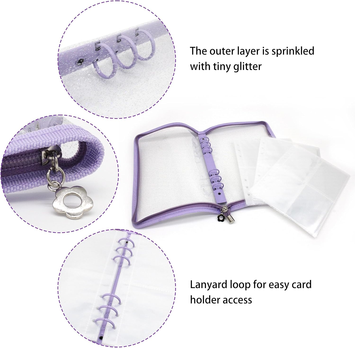 Sonjade Glitter Reusable Sticker Book Collecting Organizer Binder Storage Books, Purple Trim, Clear Plastic Pages Stickers Display with 240 Pockets and Zipper Closure, Purple