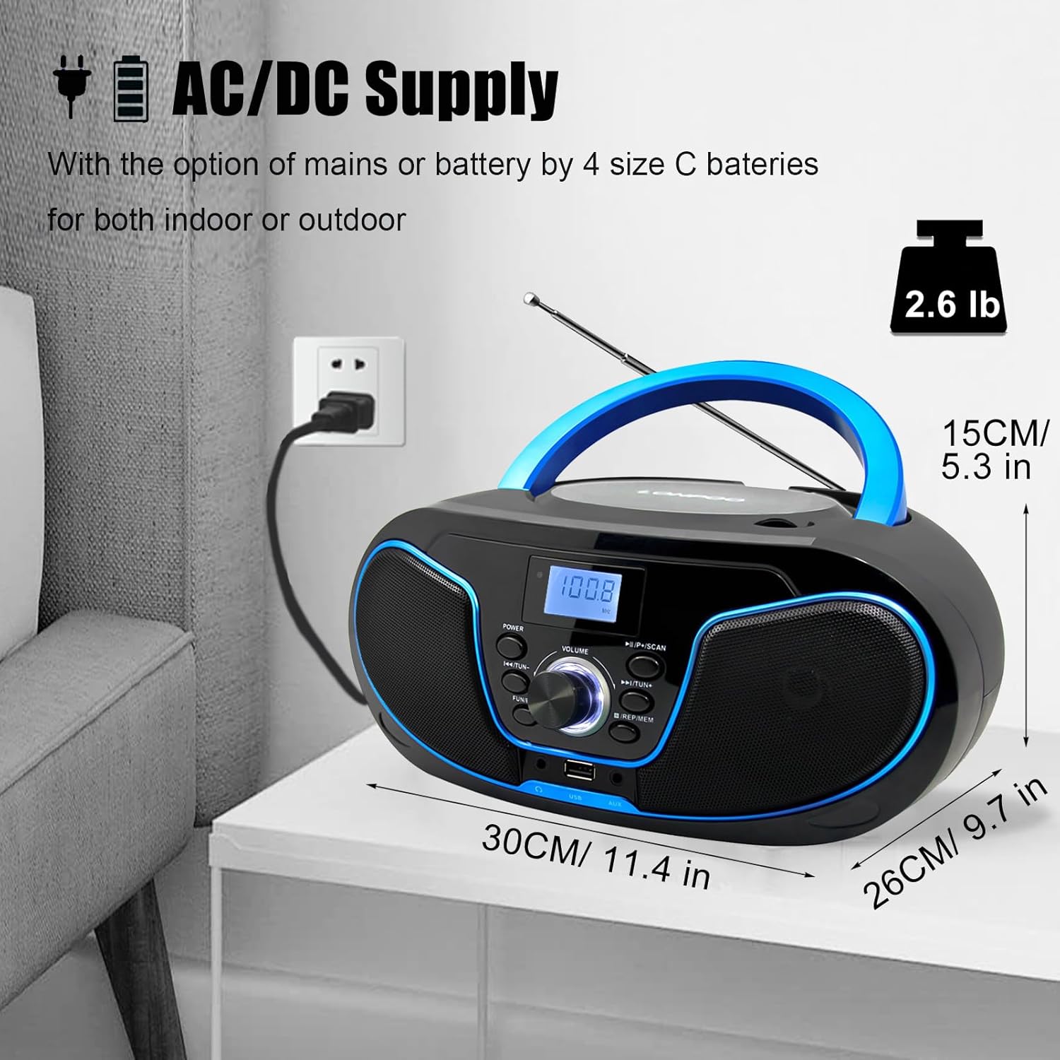 LONPOO Boombox showing AC/DC power supply options