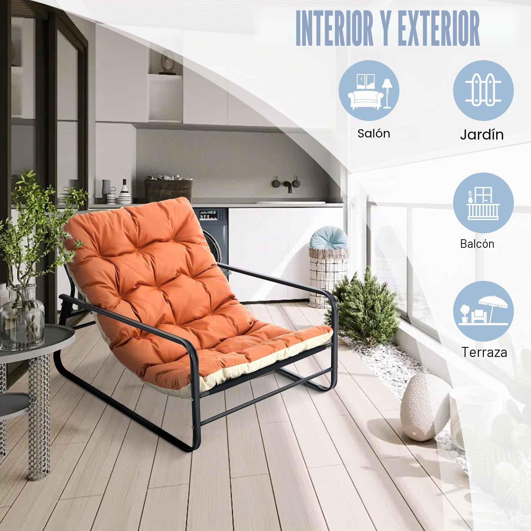 Sillón de salón de jardín con cojín reversible, para jardín, balcón, muebles de acero, acolchado, para 2 personas, para exteriores, para balcón, terraza (naranja+beige)