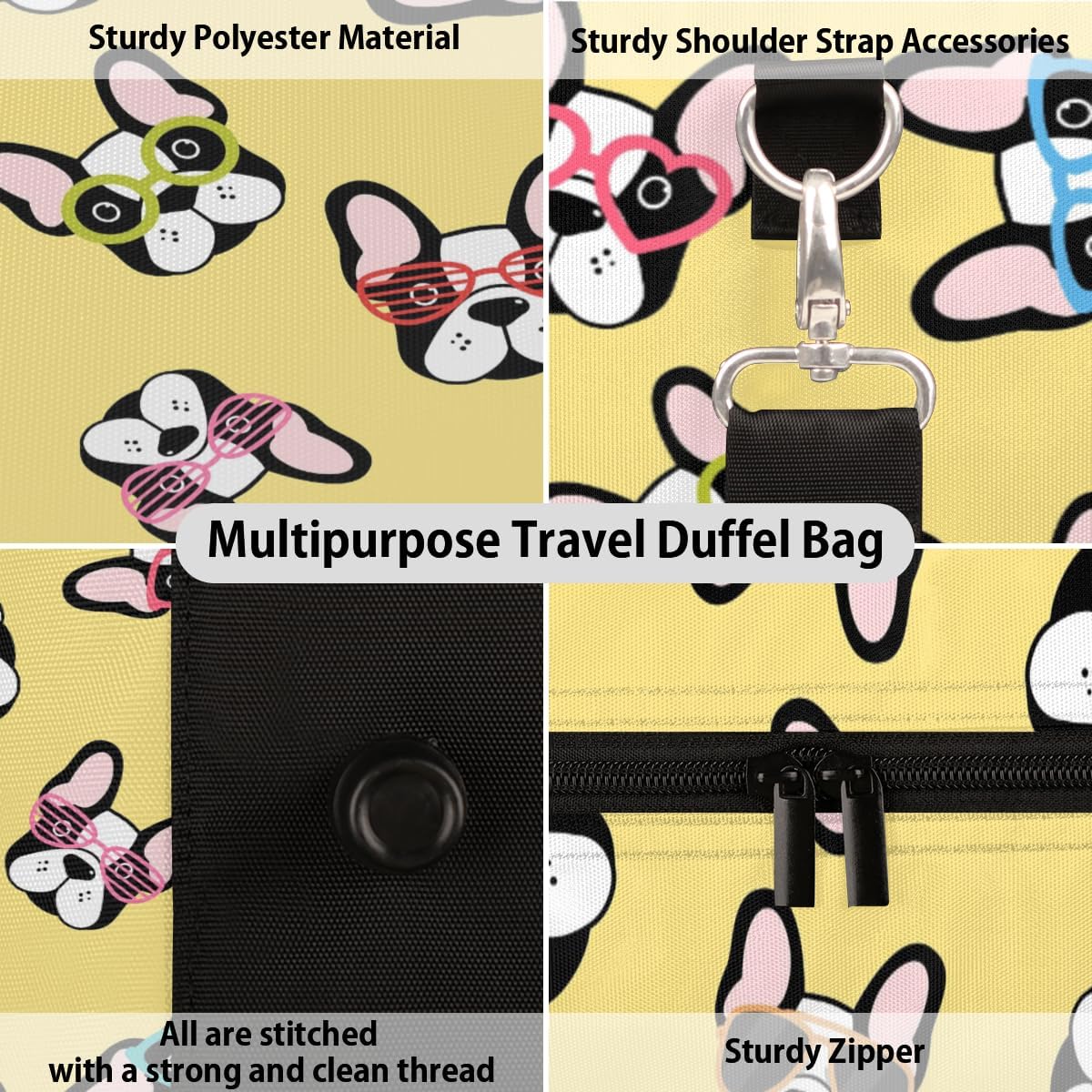 Dogs Glasses Travel Duffel Bag for Women Men Large Capacity Overnight Weekender Bags for Lightweight Waterproof Sport Gym Bag for Workout Yoga Swim