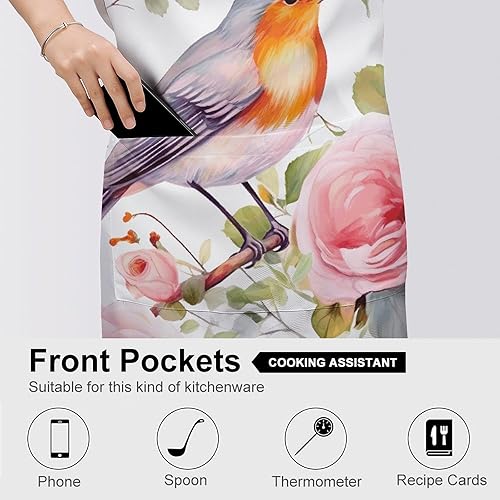 Miniatura 5 de Personalized Floral Print Watercolor Robin Bird Adult Apron, Kitchen Cooking Aprons for Woman Man, Adjustable Bib Apron with Pocket for Baking, BBQ