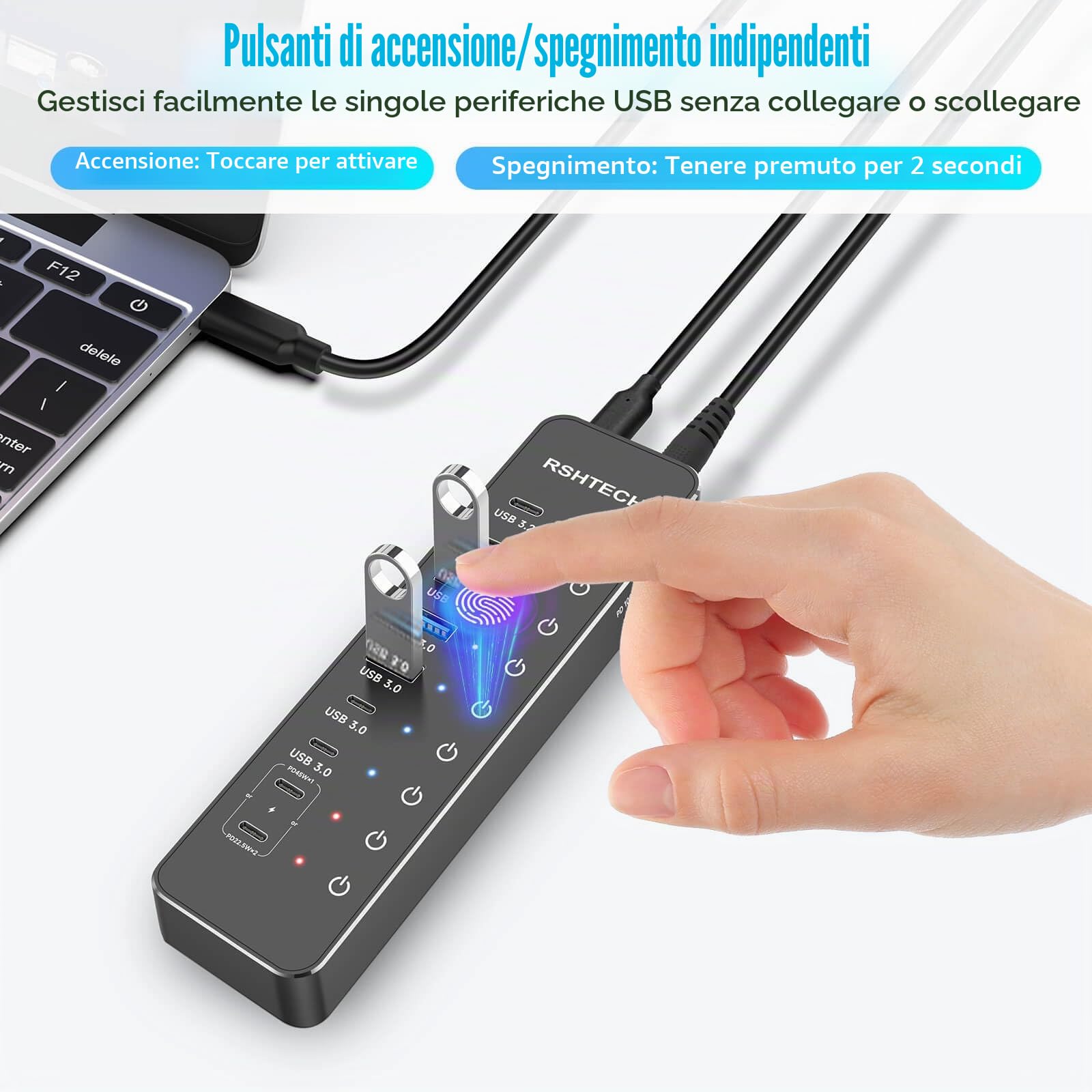 RSHTECH Hub USB C Alimentato 10 Porte 66W con 3 Porte USB-3.2 da 10Gbps (2C+1A), 4 Porte USB 3.0 (2C+2A), 2 Porte USB-C Ricarica Rapida PD 45W e PD 100W, USB Hub per Laptop, RSH-ST10P