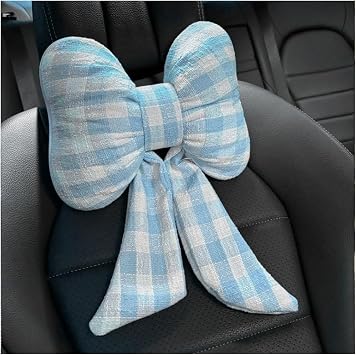 Bittwee Bow Car Headrest Pillow, Breathable Memory Foam Vehicle Neck Pillow with Adjustable Strap, Ergonomic Auto Neck Support Cushion for Pain Pressure Relief, Universal for Most Cars Blue/Grid