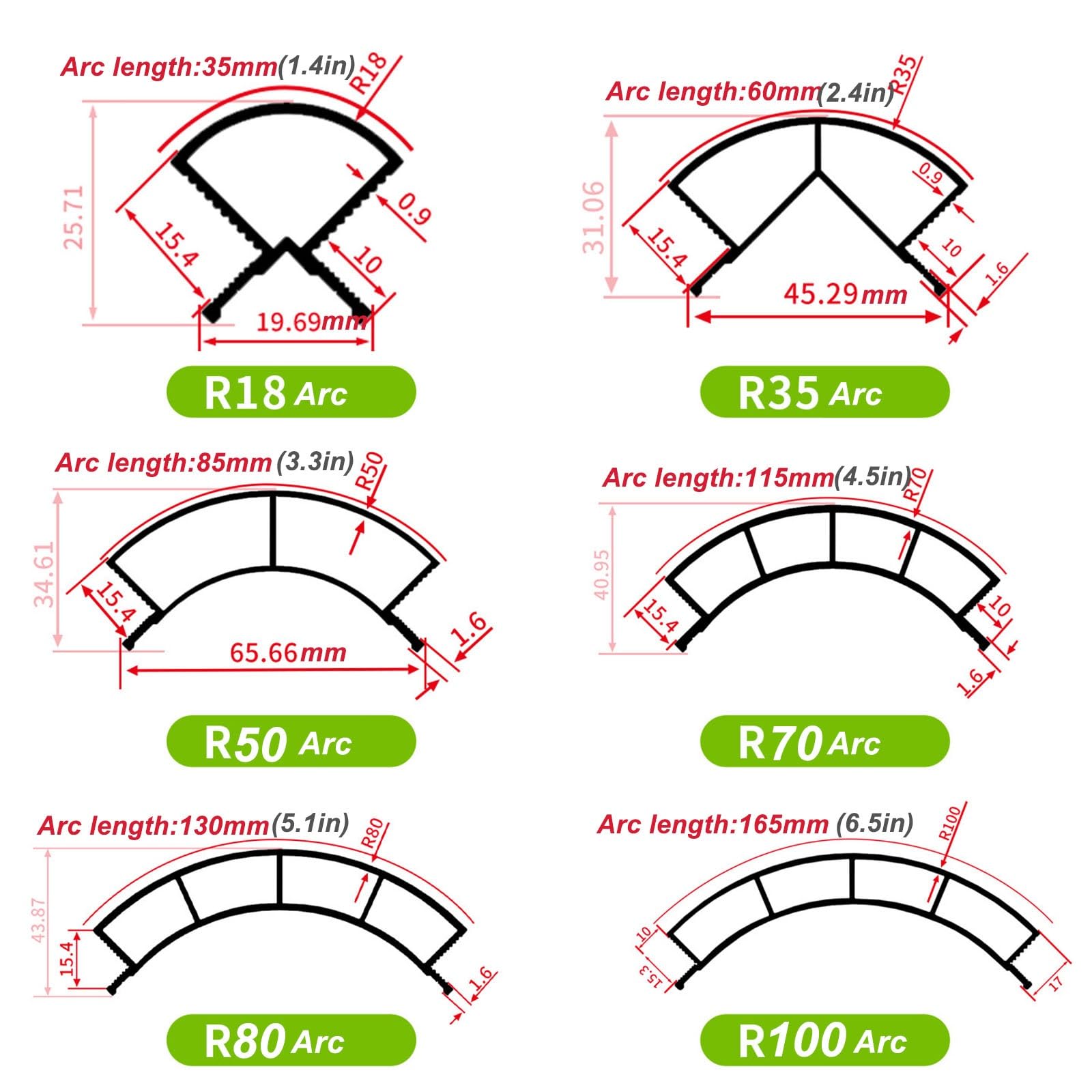 Profilo angolare curvo in lega di alluminio, Struttura di modanatura con bordo arrotondato per la decorazione di pareti, soffitti e piastrelle(R 70mm(2-3/4"),L 78.7in/200cm)