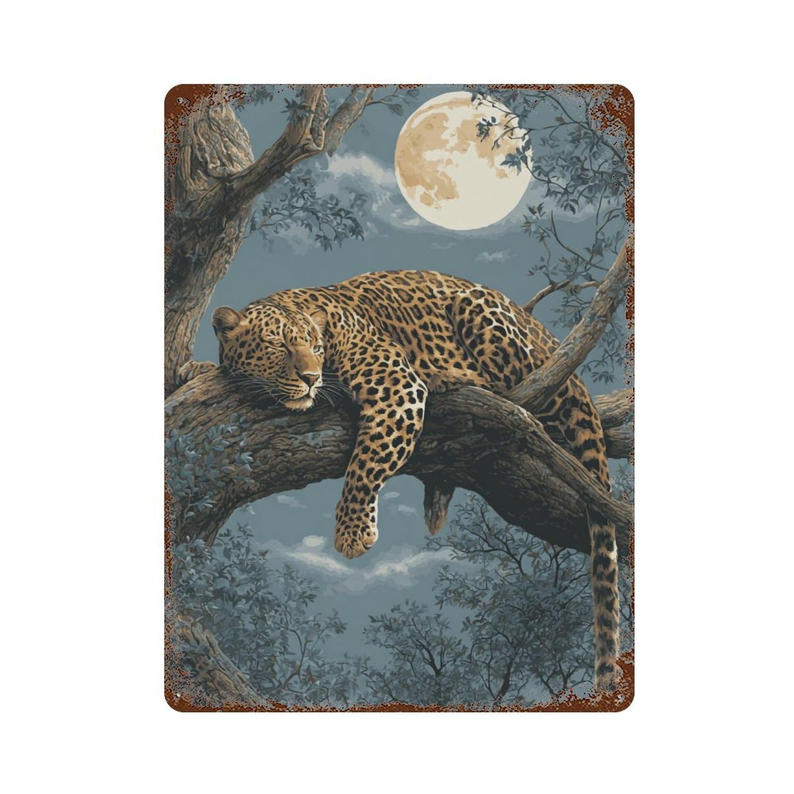 Rust Effect Moonlit Leopard Resting Rustic Tin Plaque 15.7"x11.8", Old School Wall Decor for Shed, Workshop And Garage Wall Decor