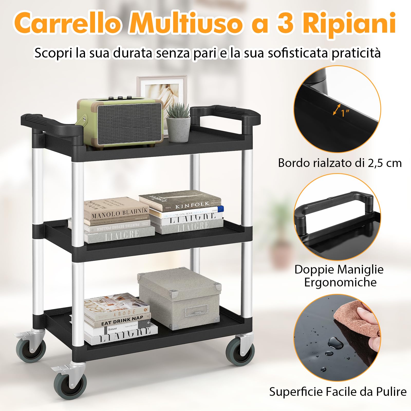 RELAX4LIFE Carrello di Servizio a 3 Livelli, Carrello in Alluminio con Ruote Universali e Bloccabili, Mobile per Cucina, Soggiorno, Ristorante, Hotel, Ufficio