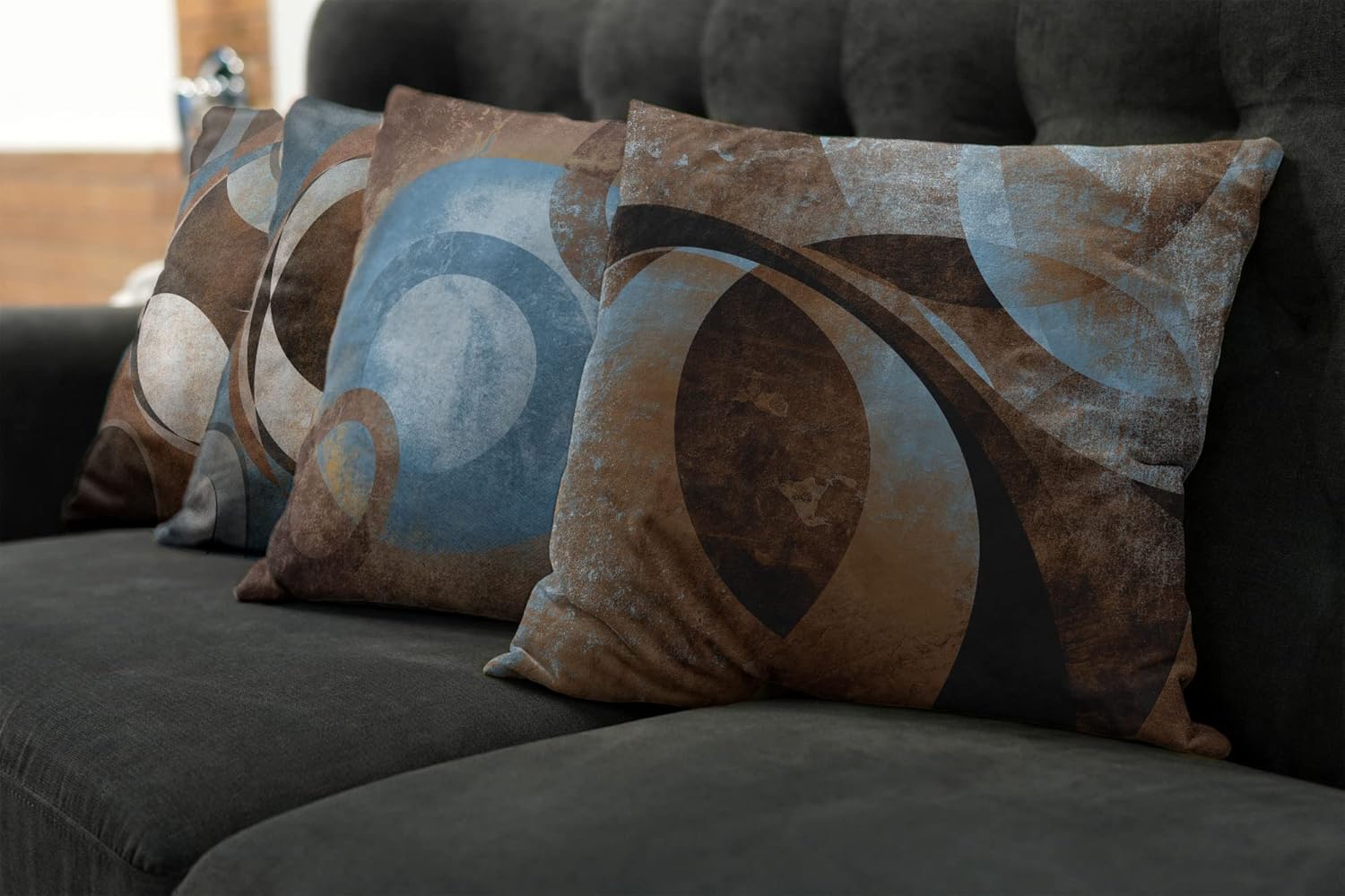 Ambesonne Retro Throw Pillow Cushion Case Pack of 4, Groovy Effect Geometric Design Circles Rounds Grunge Style Weathered Ornament, Modern Accent Double-Sided Digital Printing, 16", Cadet Blue Brown