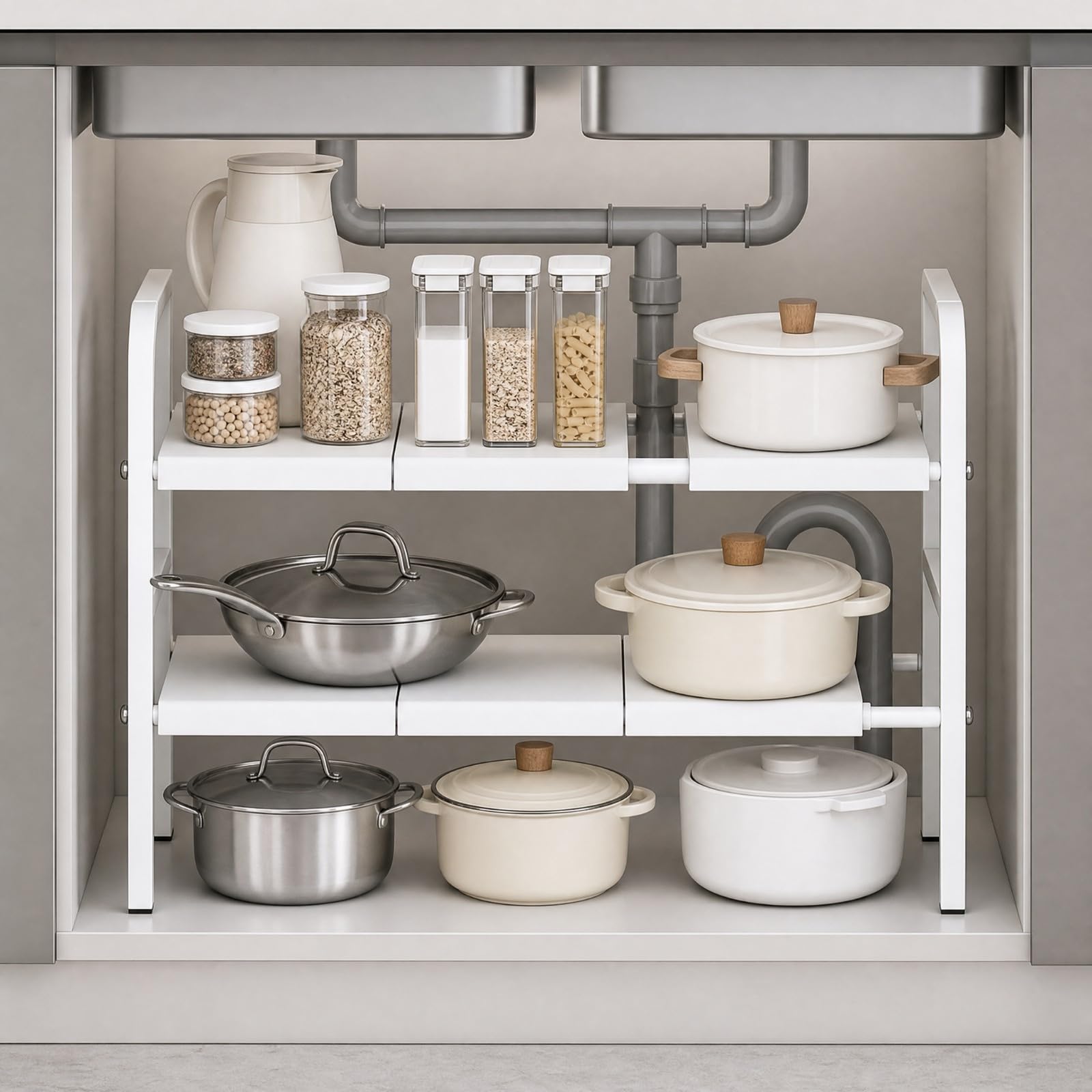 Milageto Organizer Estensibile a 2 Livelli Stabile Organizer sotto Lavello Robusto Scaffale sotto Lavello per Interno Armadio, Stanza Dei Servizi, Grigio