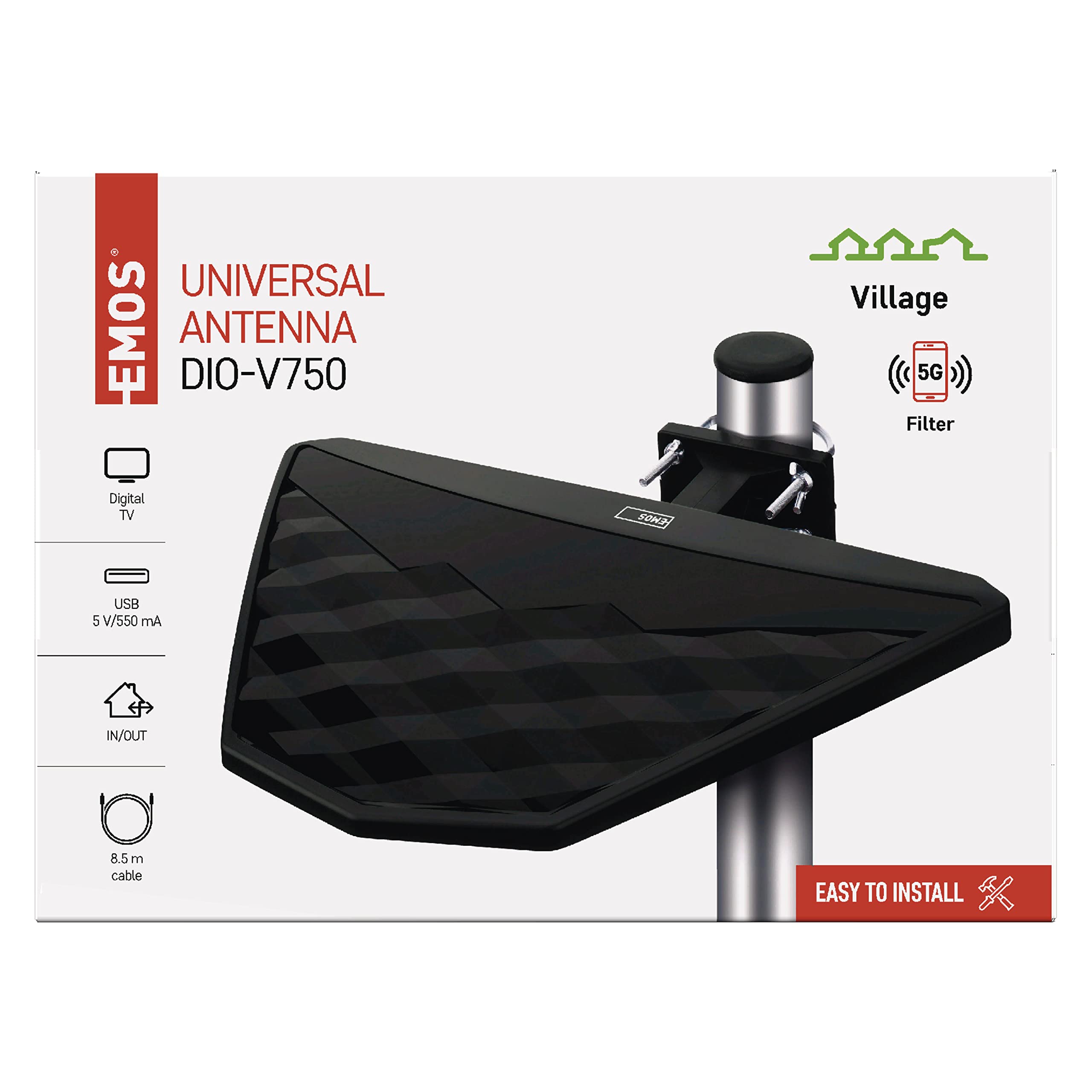 EMOS Antena de TV digital universal Village con amplificador externo, pasiva para HDTV, DVB-T/T2, receptor con filtro LTE, 4G, 5G, máxima calidad de señal Full HD