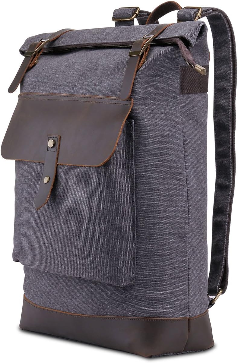 Outdoor Backpack, Canvas Backpack Genuine Leather Laptop Backpack for Men