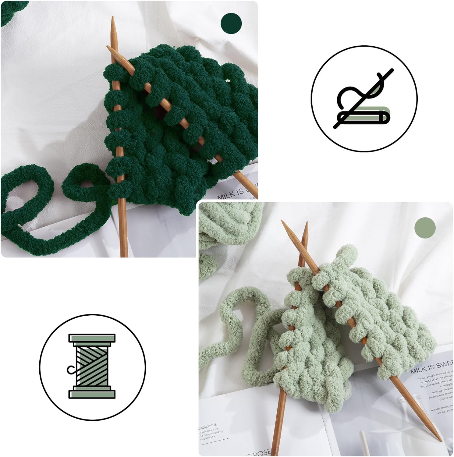 MABOZOO Assorted Chunky Yarn for Hand Knitting 8 Pack, Fluffy Jumbo Chenille Yarn, Soft Plush Yarn Bulky, Giant Thick Fuzzy Yarn for Arm Knitting,Sage Green & Dark Green(31.7 yds,8 oz Each Skein)