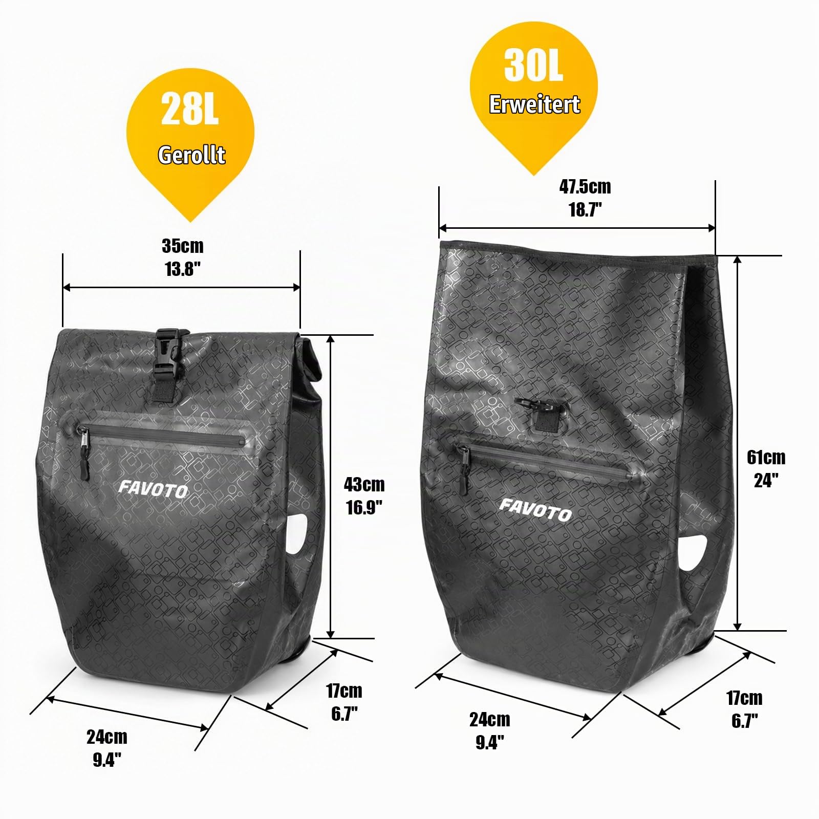 Favoto Fahrradtaschen Hinten Gepäckträger Wasserdicht, 56L (2×28 L) | Schnellverschluss Robust Reflektierend Große Kapazität für E-Bike Mountainbike Fahrrad