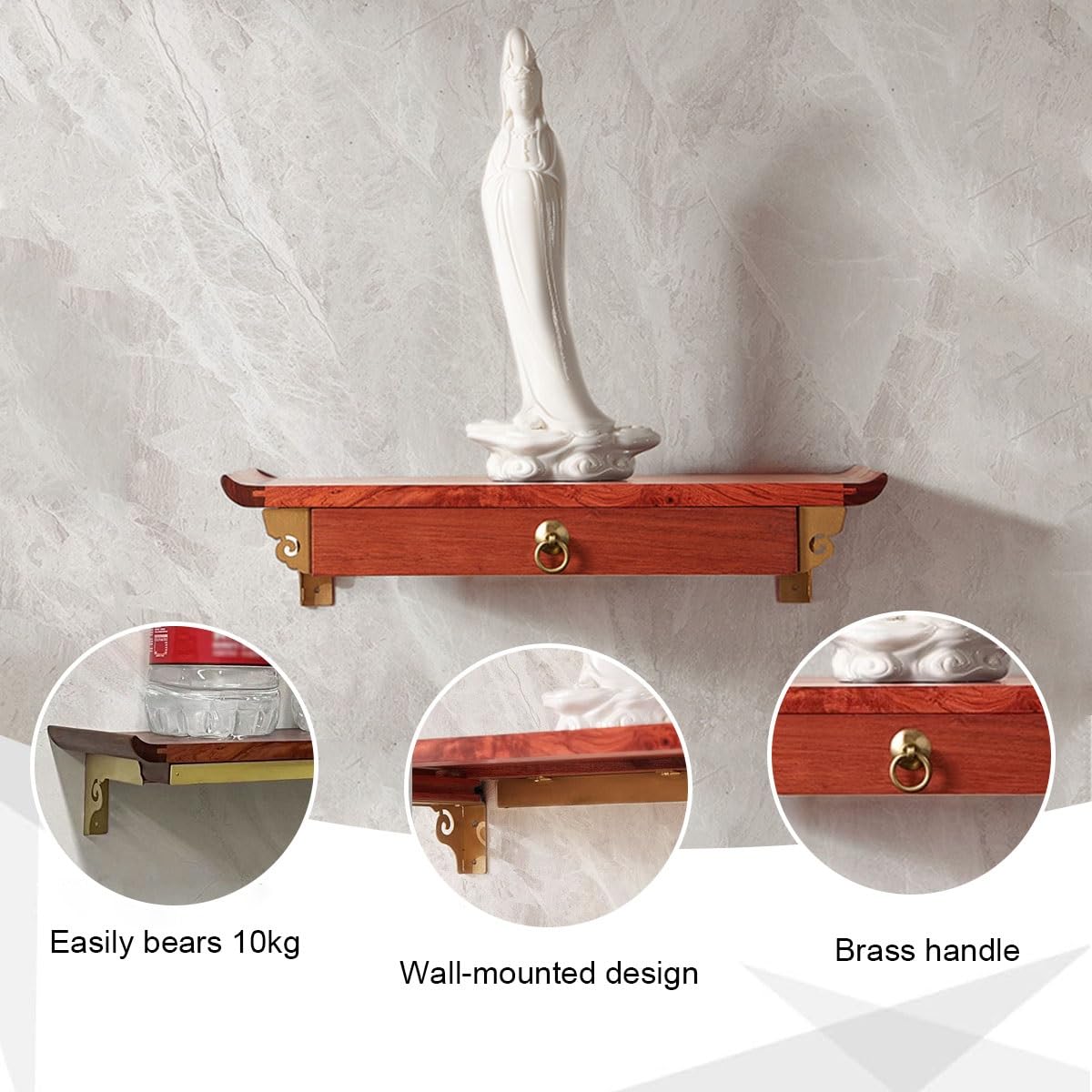 Mesa de altar pequeña de madera maciza montada en la pared, soporte de exhibición de estatua de Buda, mesa de ofrenda Puja, nichos para decoración del hogar