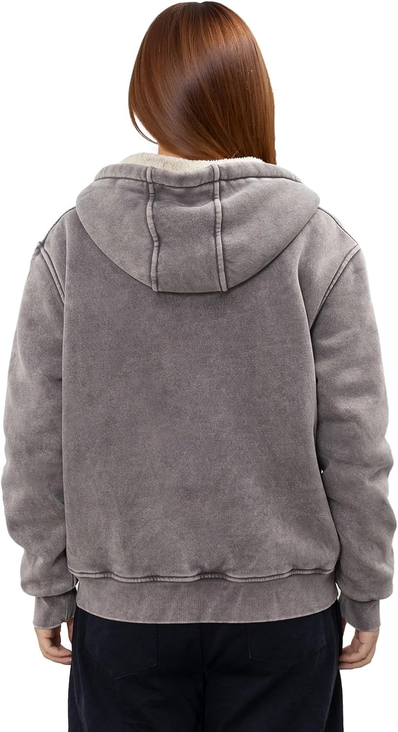 Women's Acid Wash Fleece Sherpa Lined Hoodie Jacket Winter Warm Zip Up Hoodies Heavyweight Vintage Sweatshirt Coat - Image 5