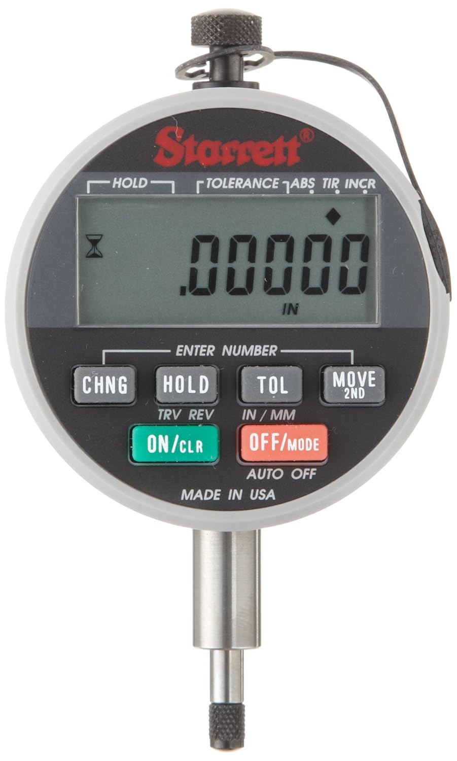 Starrett F2720-4 Wisdom Plus LCD Electronic Indicator, 0.375" Stem Dia., 2.28125" Dial Dia., 0-0.6"/0-15mm Range, 0.001"/0.02mm Graduation