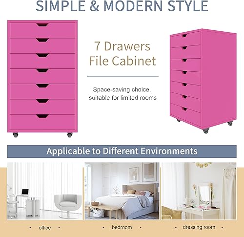 Miniatura 7 de Organizador de 7 cajones, cómoda rosa, archivador móvil, gabinetes de almacenamiento verticales de madera con ruedas, cajones Alex para el hogar,