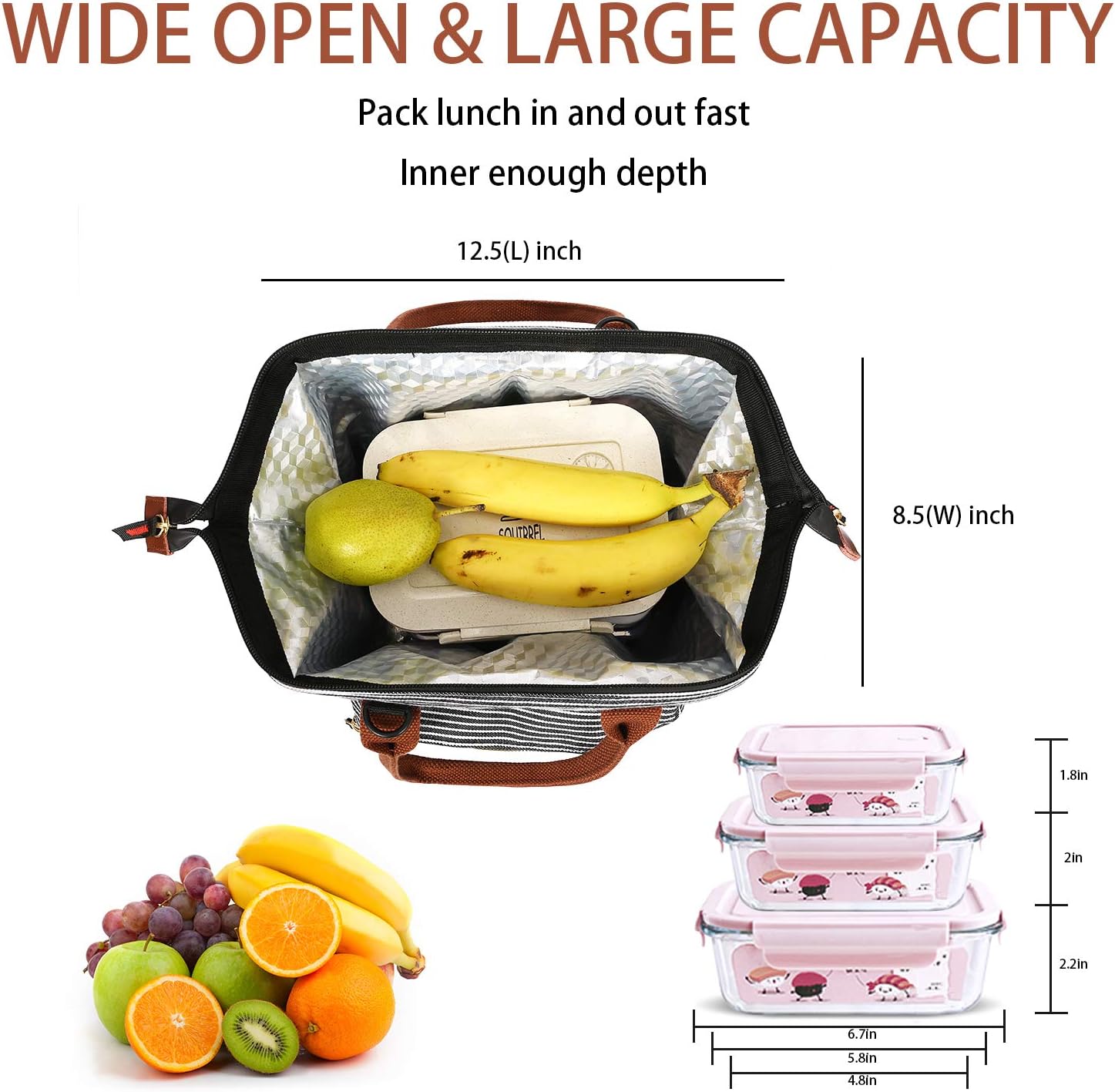 BRINCH Lunch Bag Insulated Lunch Box Leak Proof High Temperature Resistance Lunch Bags for Women Men Commuter Thermal Lunch Tote Cooler Bag Wide Open Drink Can Organizer Holder with Dual LOGOs, Strap