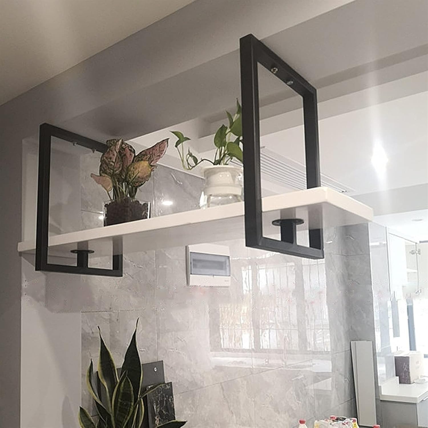 Ceiling Shelf - 1 Tier Ceiling Wine Rack - Wrought Iron Wall Floating Display Stand, Solid Wood Hanging Plant Stand, Bar/Kitchen Storage Rack, Easy to Install