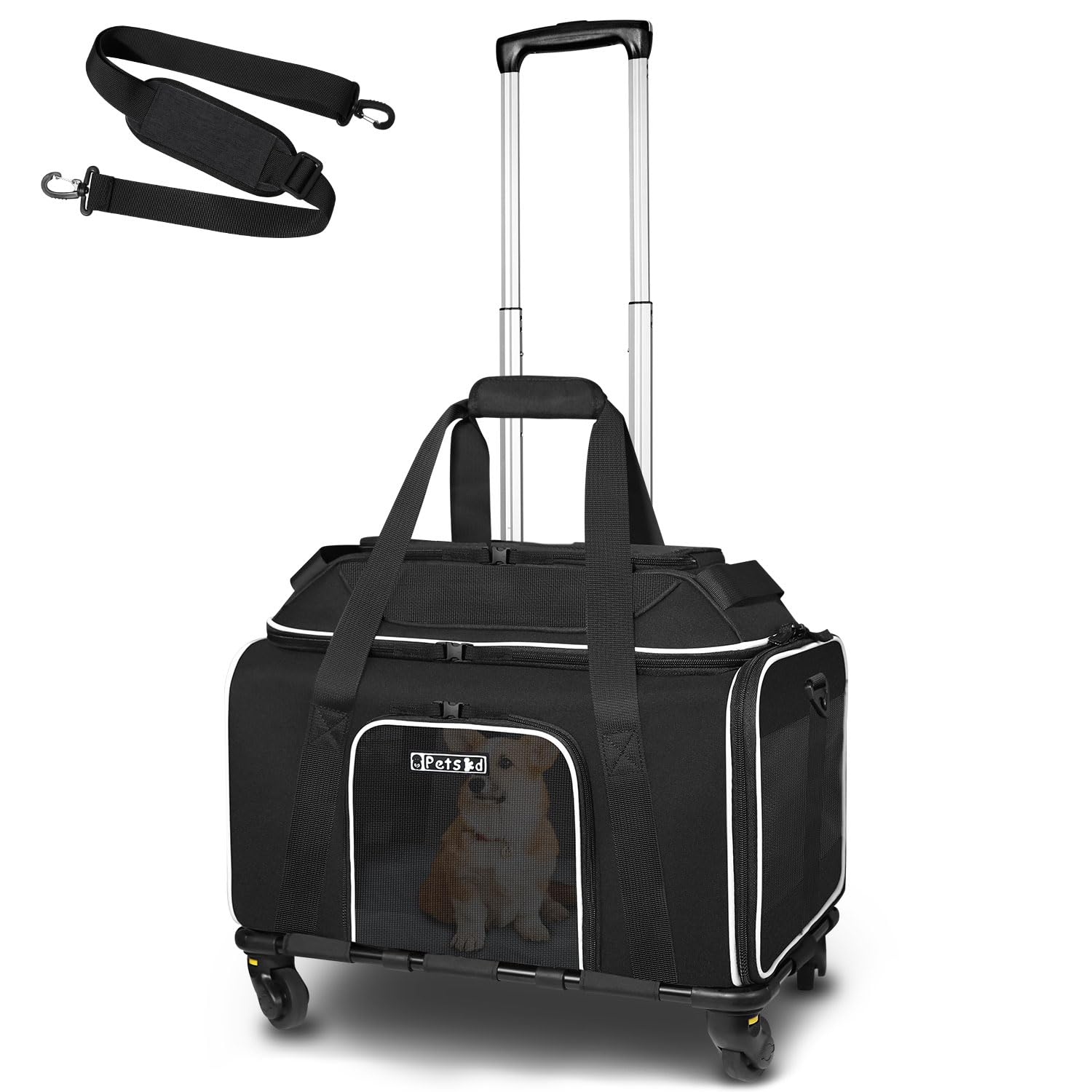 Petskd Top-Expandable Pet Carrier with Wheels 18x13x9.5 Inches Southwest Airline Approved, Soft-Sided Carrier for Small Cats Dogs with Locking Safety Zippers and Anti-Scratch Mesh(Black)