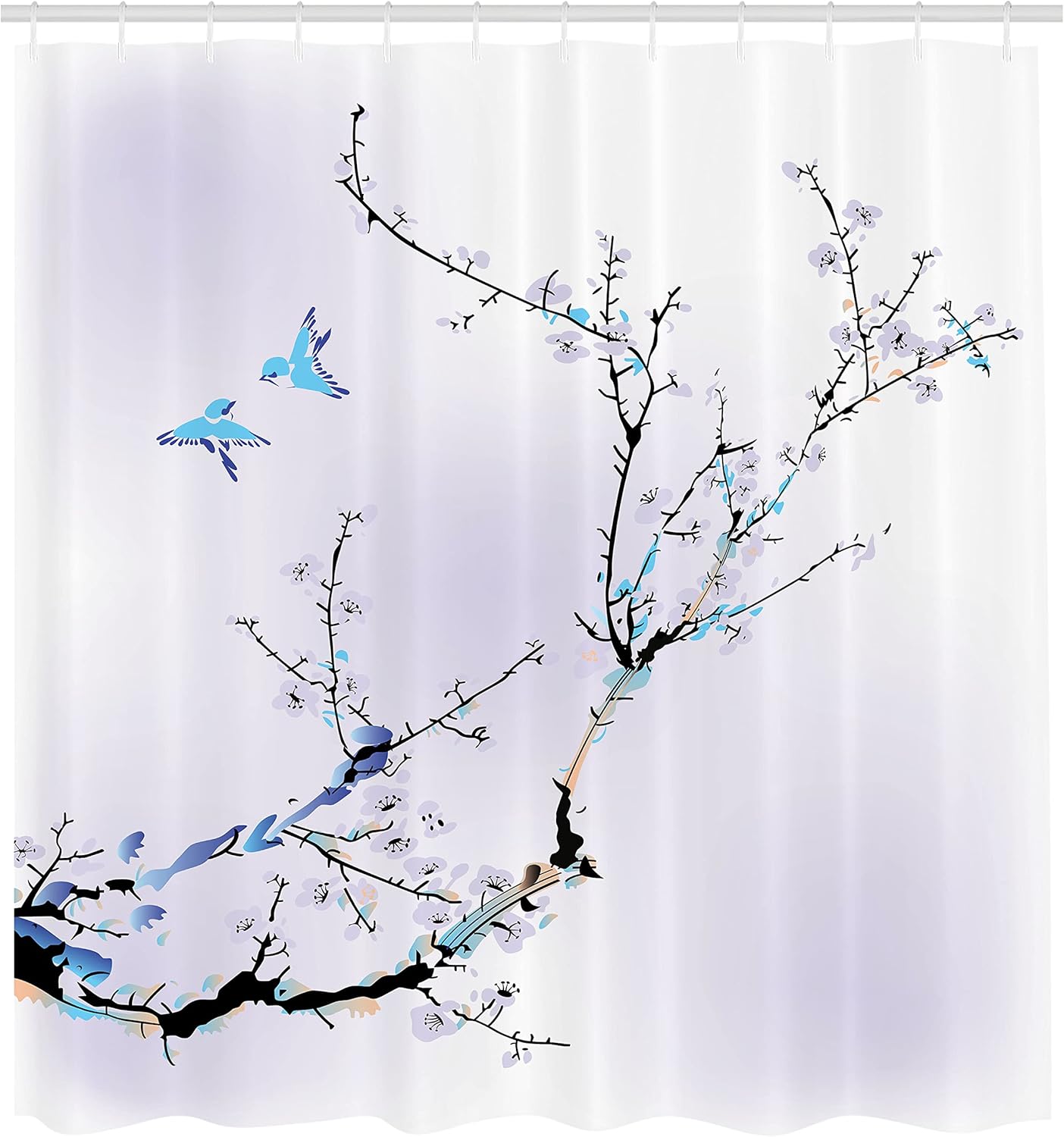 Ambesonne Nature Shower Curtain, Flowers Buds and Birds with Cherry Branches Style Artwork Painting Effect, Cloth Fabric Bathroom Decor Set with Hooks, 69" W x 70" L, Sky Blue