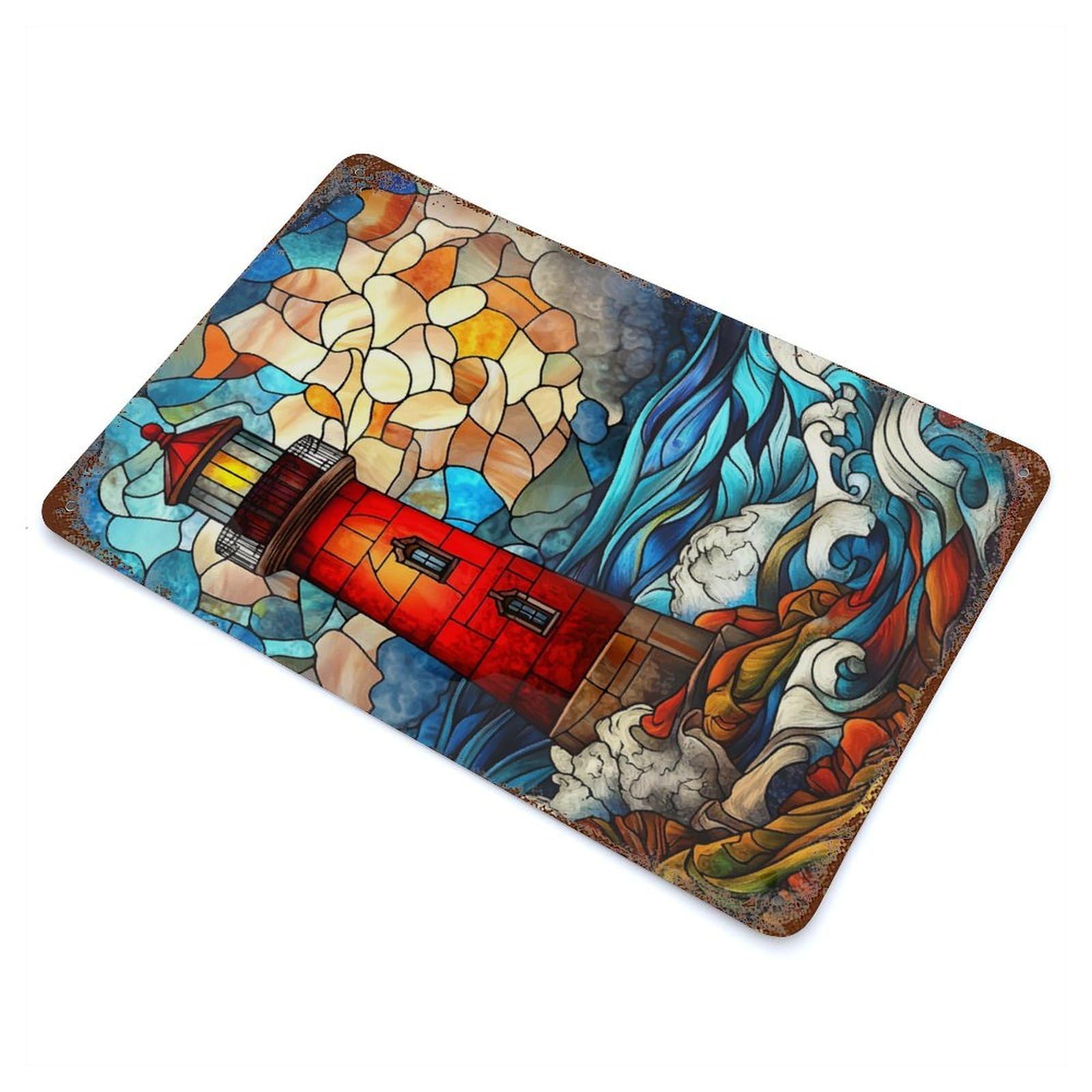 Stained Glass Lighthouse Rust Effect Tin Sign 11.8"x7.9", Novelty Wall Decor for Garage, Pub Or Kitchen