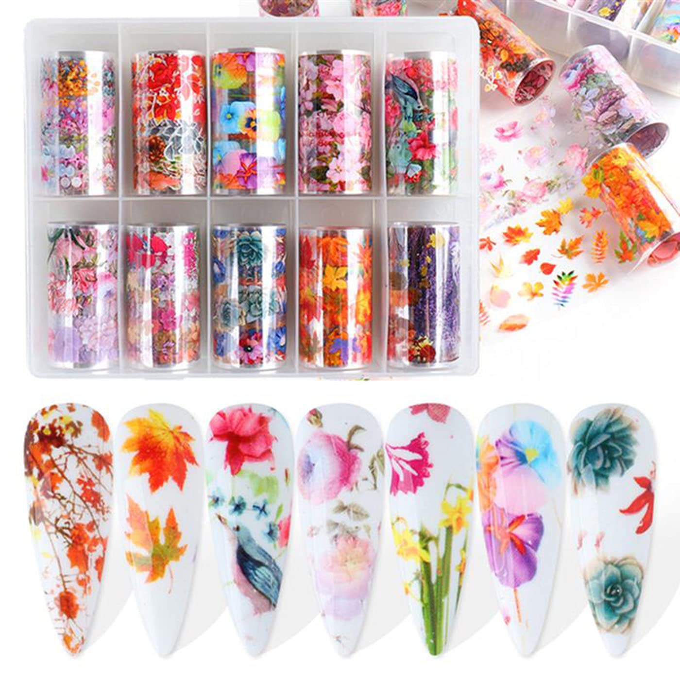 BEAULA 10 Rolls Fall Flowers Nail Art Foils Glue Transfer