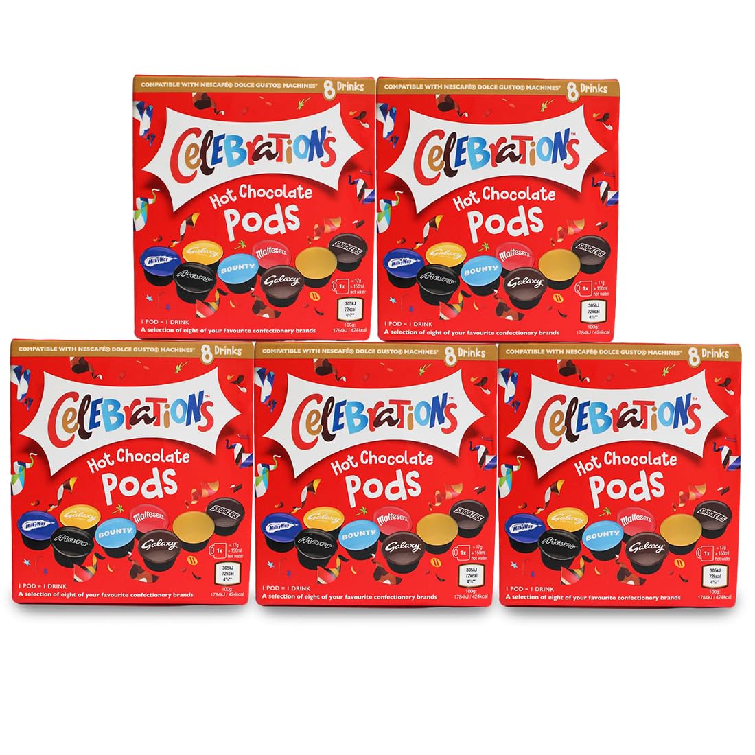 cafféluxe Celebrations compatible with Dolce Gusto Machine pods Hot Chocolate Pods - Twix, Mars, Bounty, Snickers, Galaxy, Malteser, Milky Way & Galaxy Caramel (40)