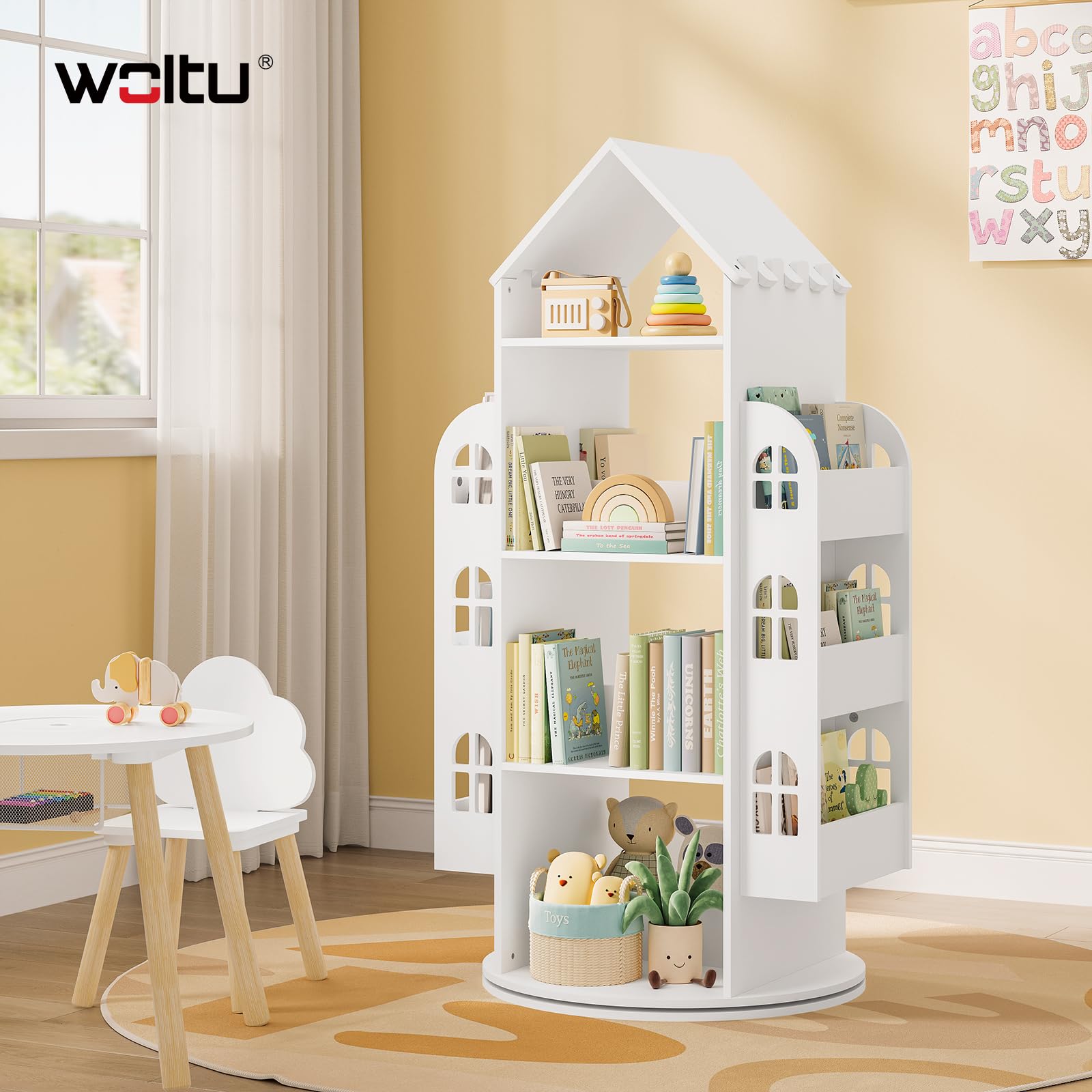 WOLTU Bibliothèque pour Enfants, Étagère Rotative à 4 Niveaux, Meuble de Rangement pour Jouets avec 13 Compartiments, Bibliothèque Blanche en Forme de Maison, 63x59x125cm
