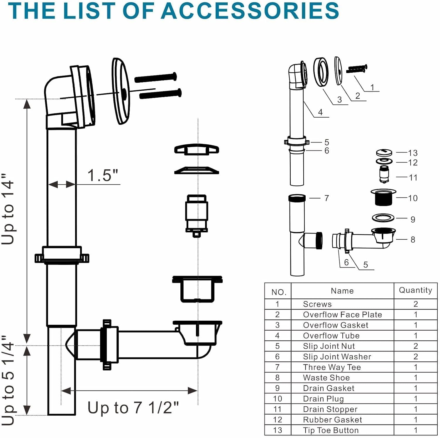 Tubular Bathtub Drain Kit 1-1/2" Brass Pipe with Brushed Nickel Tip-Toe Bath Tub Drain Stopper, Touch-Toe Bath Plug Waste and Overflow, Welsan Pop Up Bathtub Drain Kit