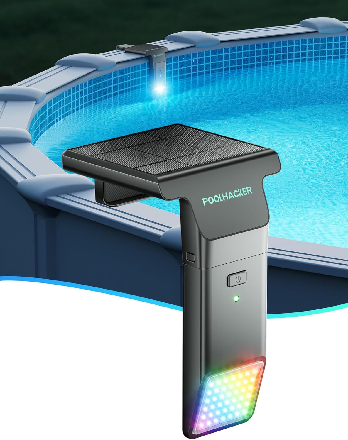 POOLHACKER Steel Wall Above Ground Pool Solar Light installed on a pool edge, illuminating the water.