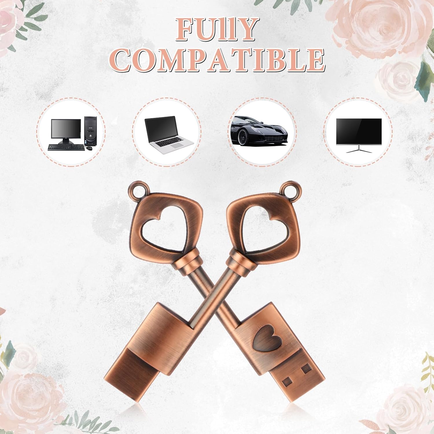 Coume 6 Pcs Wedding 64GB USB 2.0 Flash Drive with 6 Pcs Gift Box Heart and Key Shaped Metal Flash Drive Thumb Drive Memory for Wedding Bridesmaid Gift Birthday Women Girls